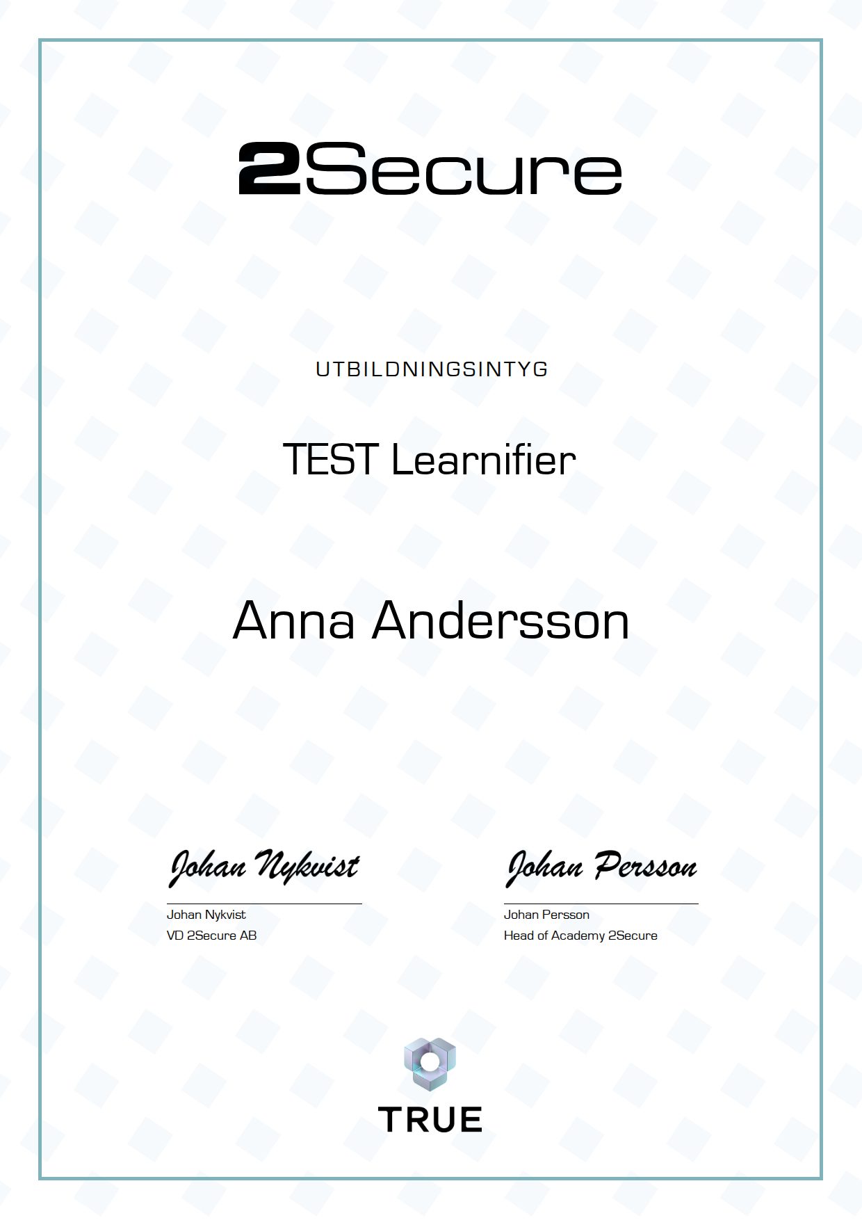 Example certificate for TEST Learnifier from 2Secure