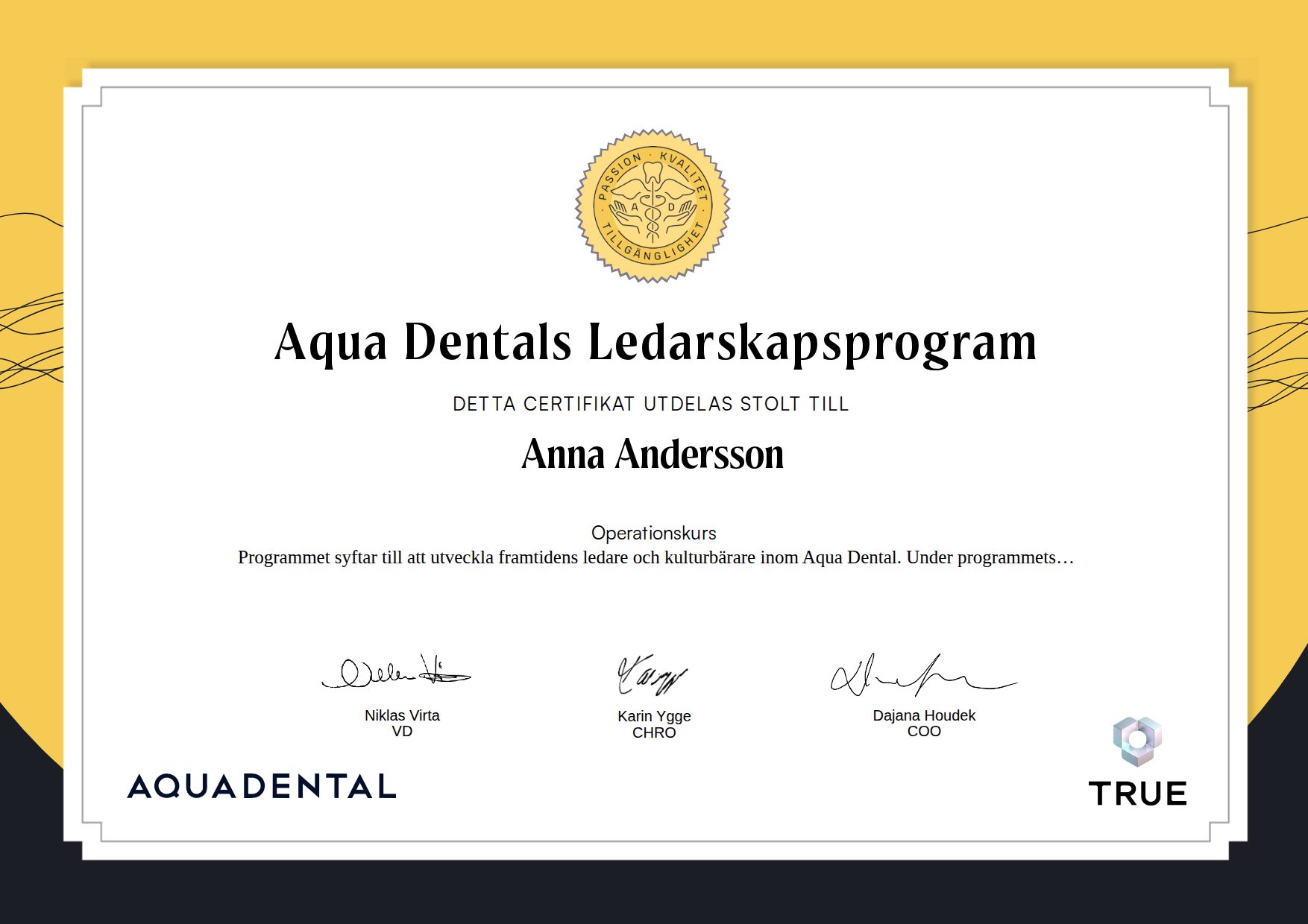 Example certificate for Aqua Dentals Ledarskapsprogram from Aqua Dental