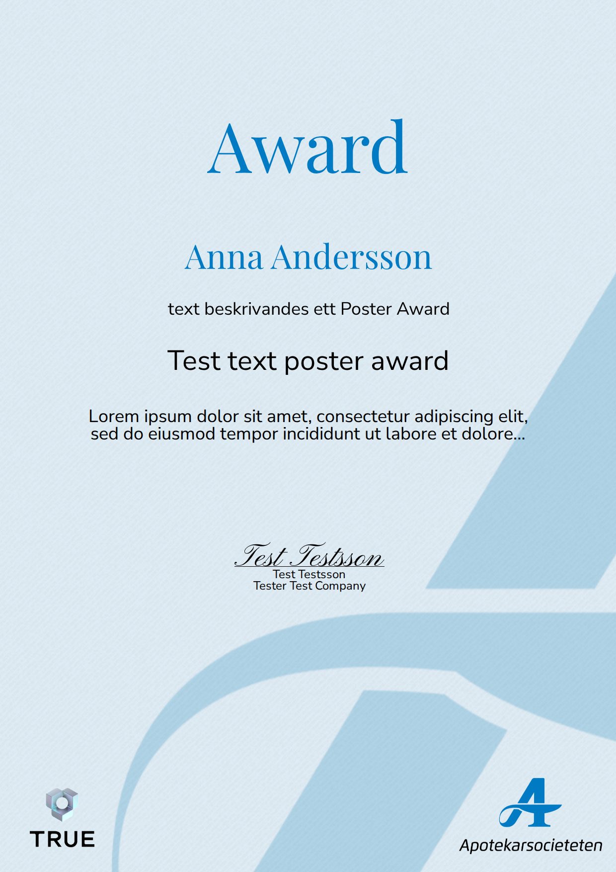 Exempel: diplom för Test text poster award från Läkemedelsakademin