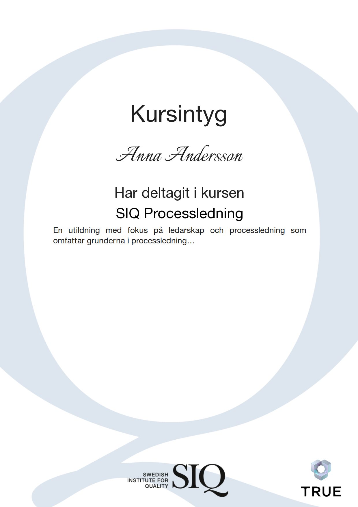 Example certificate for SIQ Processledning from SIQ - Institutet för Kvalitetsutveckling