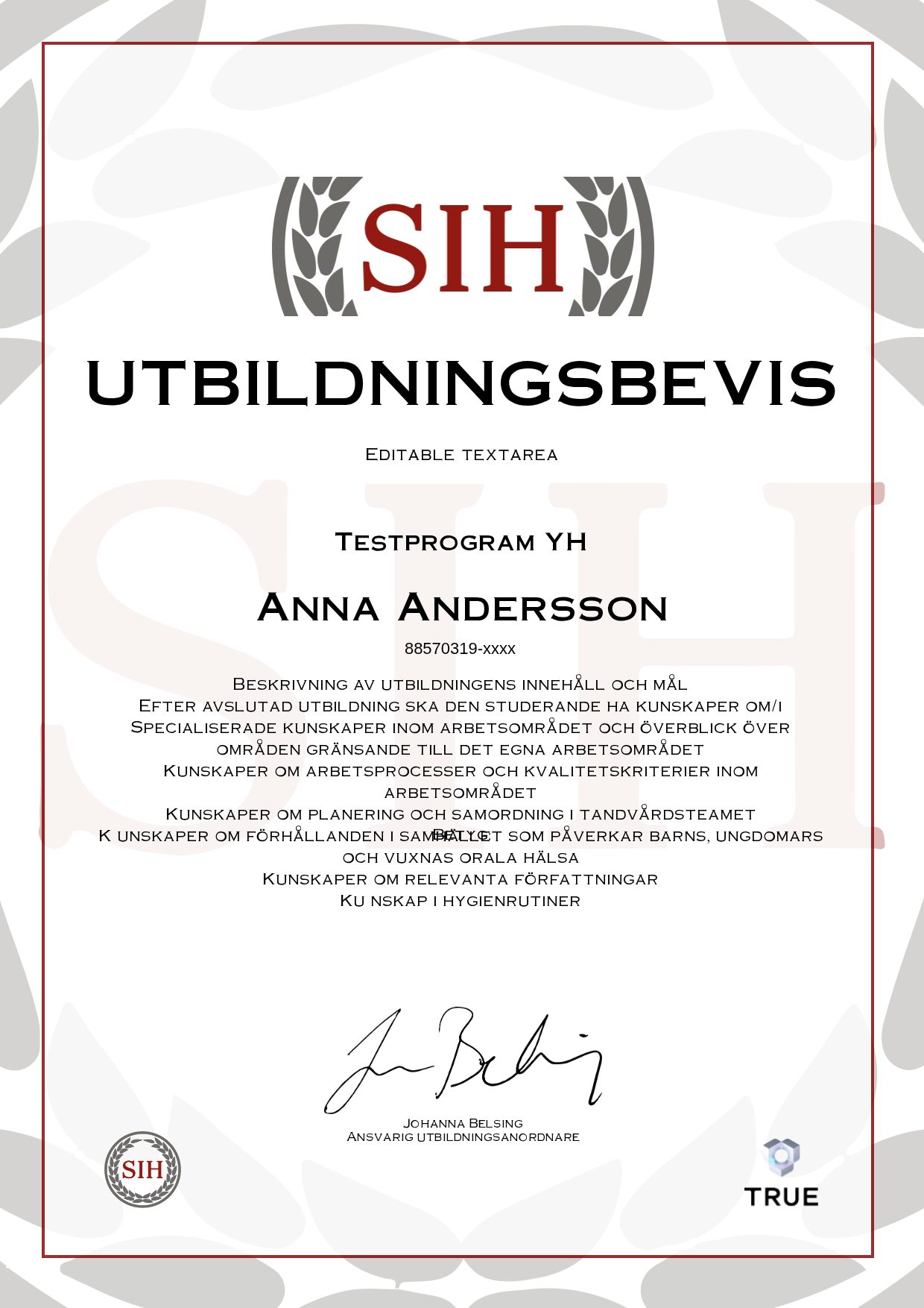 Example certificate for Testprogram YH from SIH - Stockholms Internationella Handelsskola