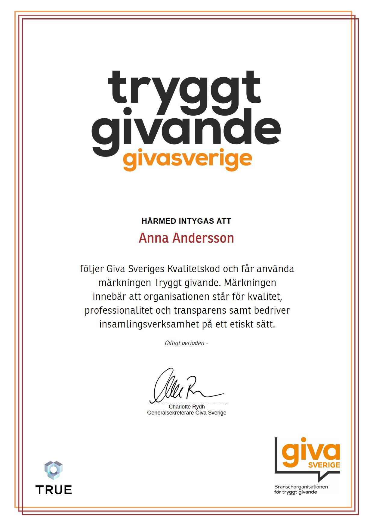Exempel: diplom för Testtitel från Giva Sverige