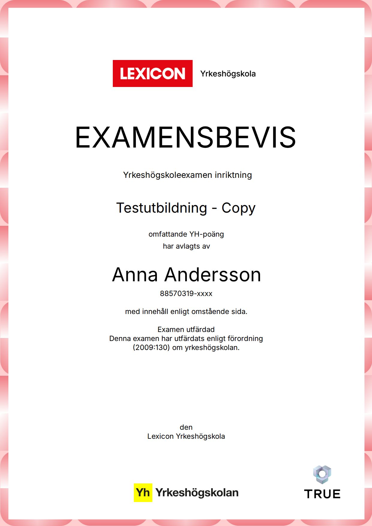 Example certificate for Testutbildning - Copy from Lexicon Yrkeshögskola