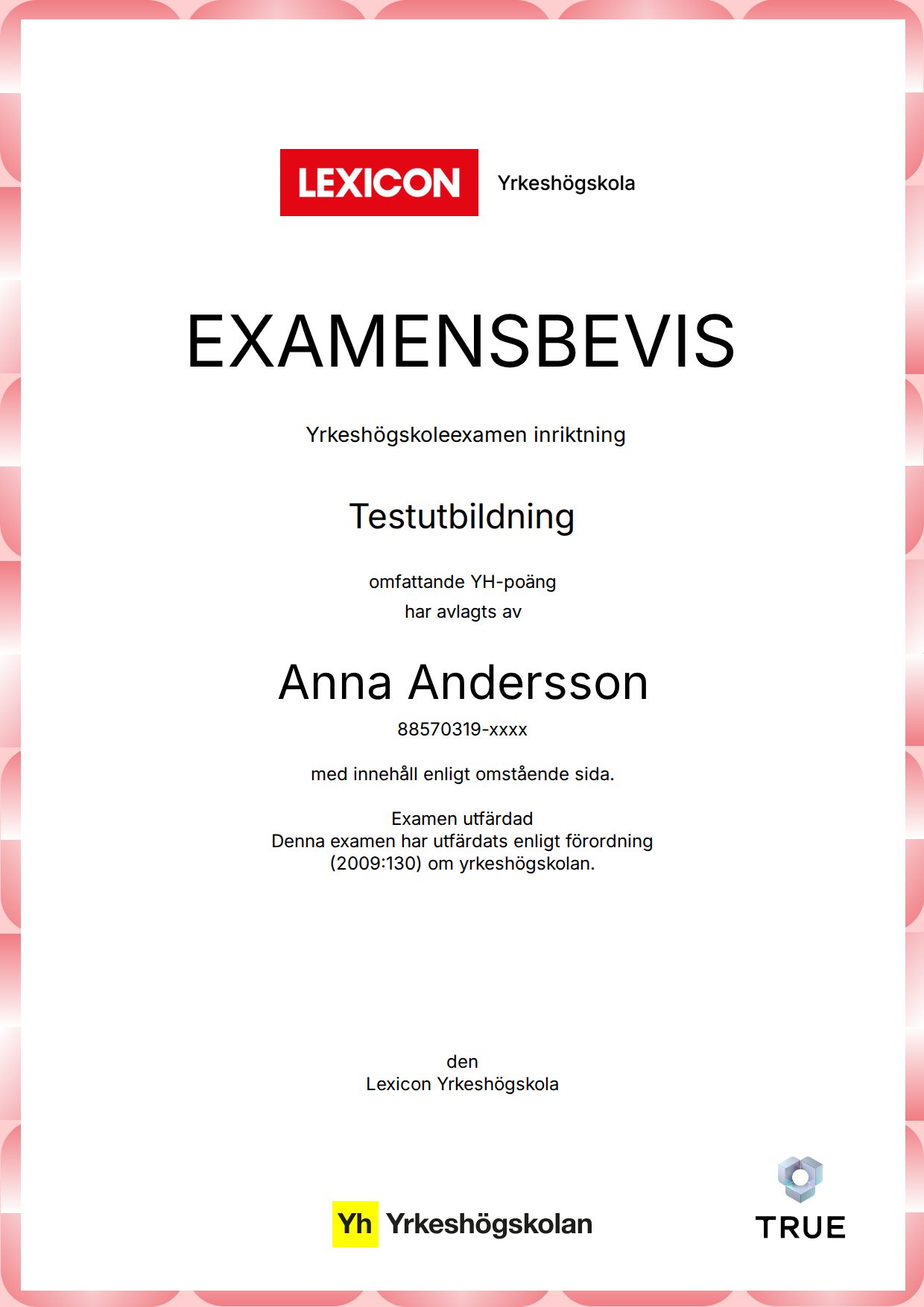 Example certificate for Testutbildning from Lexicon Yrkeshögskola