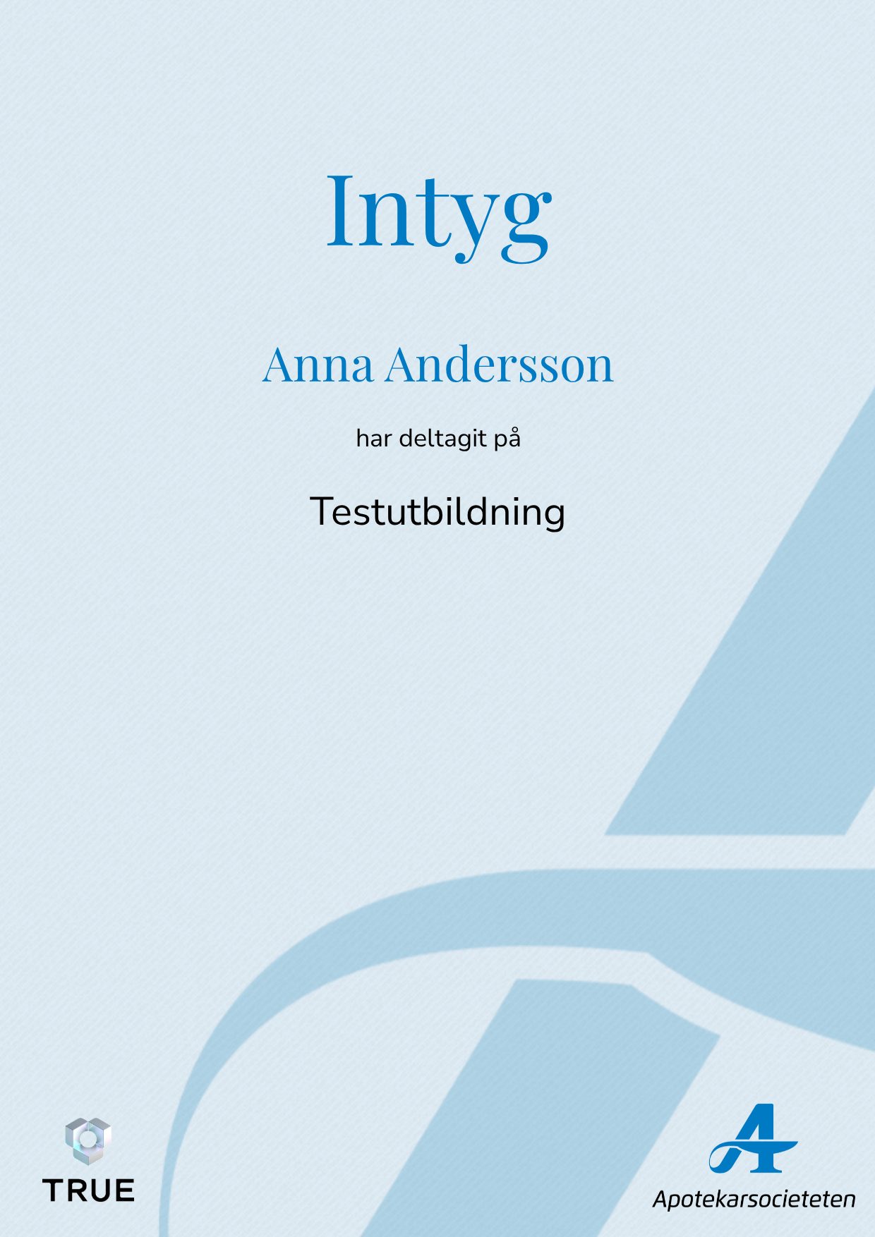 Exempel: diplom för Testutbildning från Läkemedelsakademin