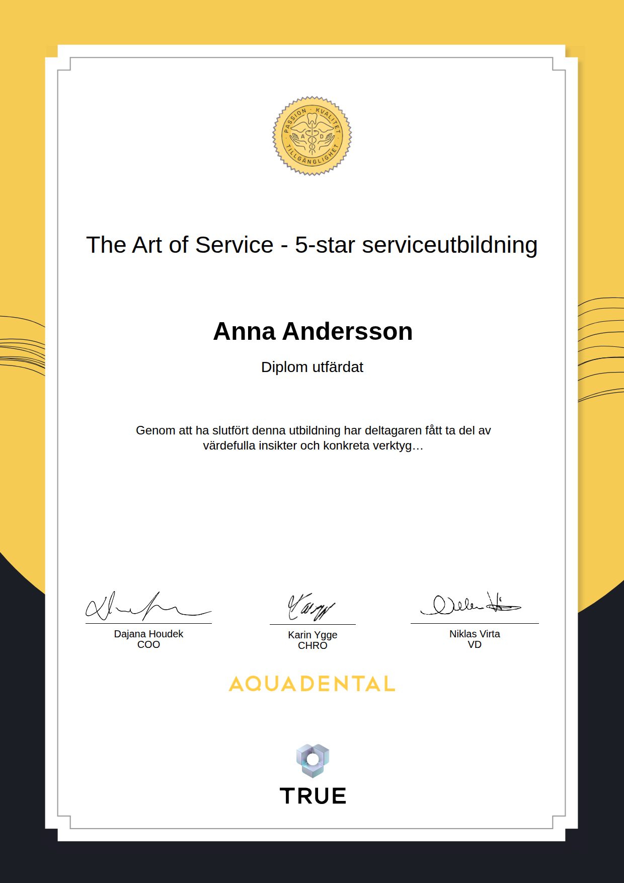 Example certificate for The Art of Service - 5-star serviceutbildning from Aqua Dental