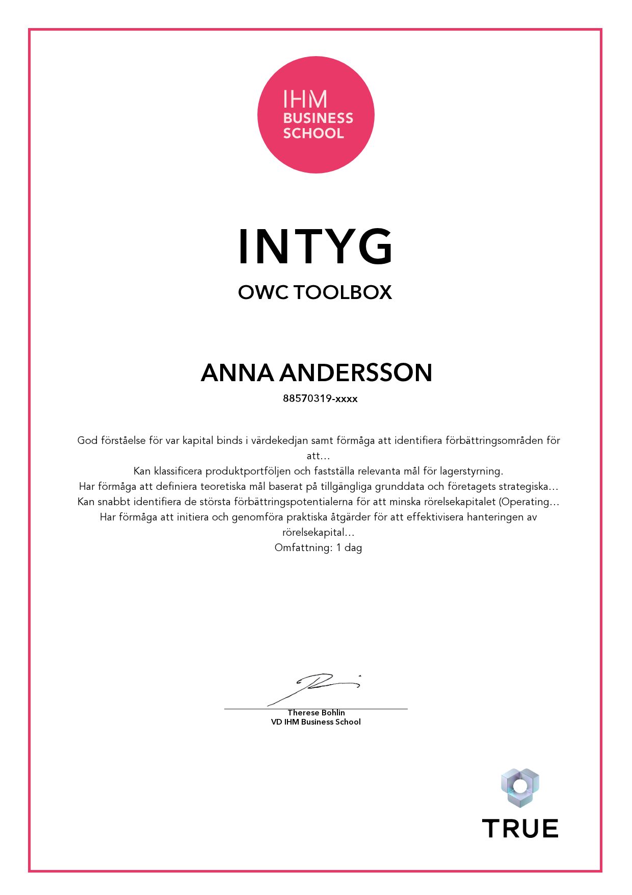 Example certificate for OWC Toolbox from IHM Business School