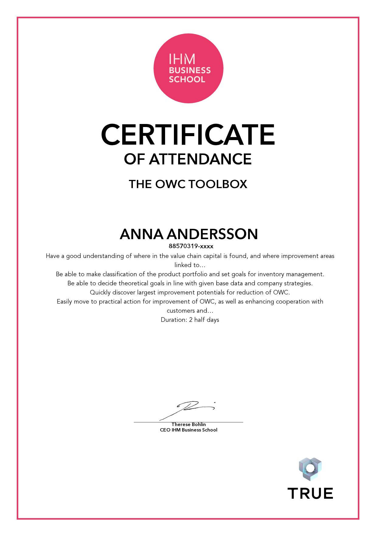 Example certificate for The OWC Toolbox from IHM Business School