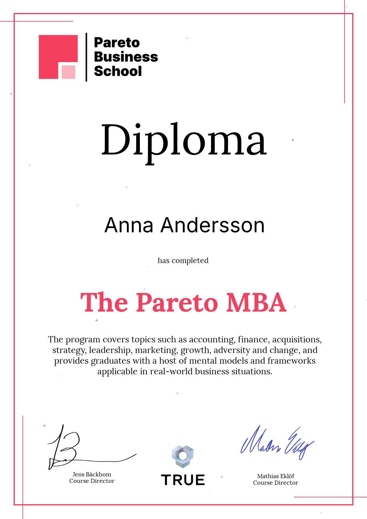 Example certificate for The Pareto MBA from Pareto Business School - Pareto MBA