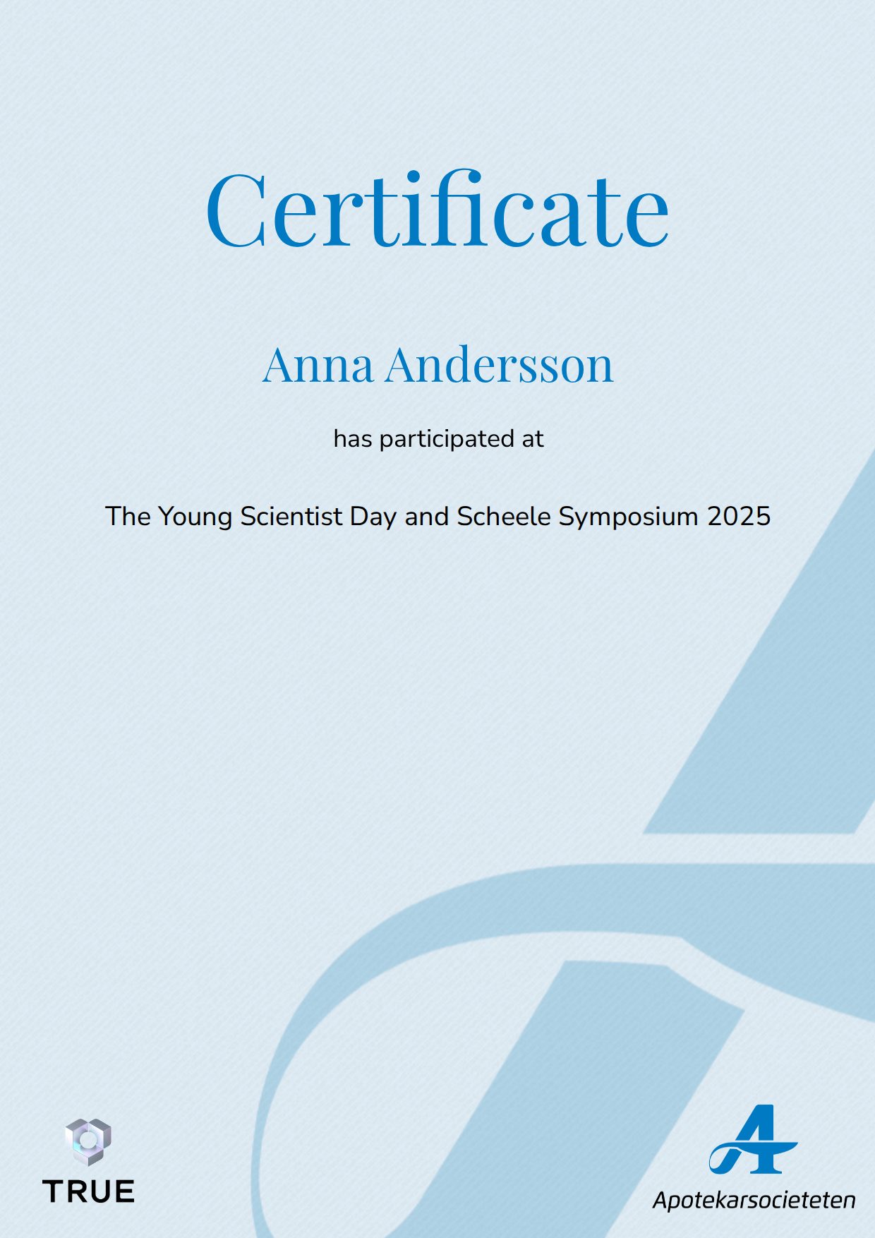 Exempel: diplom för The Young Scientist Day and Scheele Symposium 2025 från Läkemedelsakademin