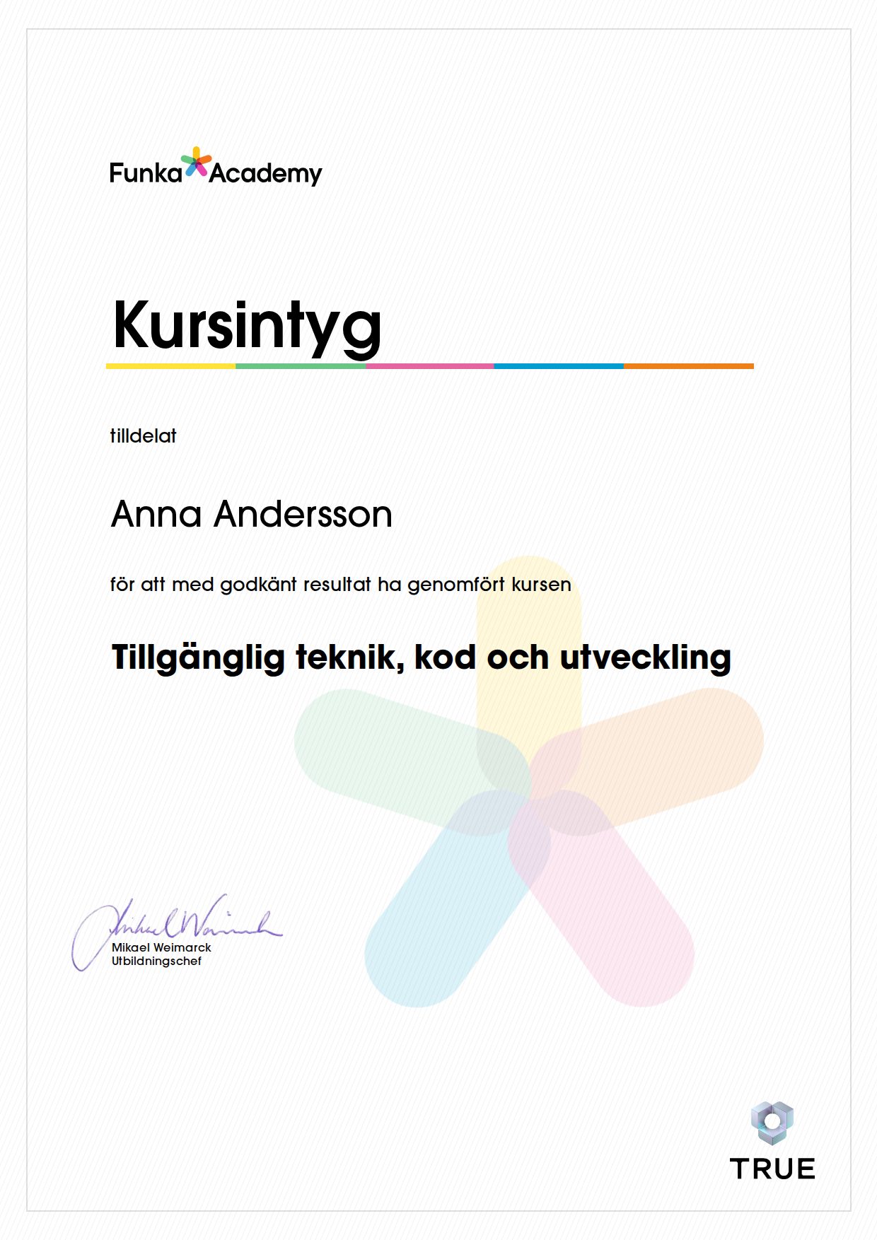 Example certificate for Tillgänglig teknik, kod och utveckling from Funka Academy