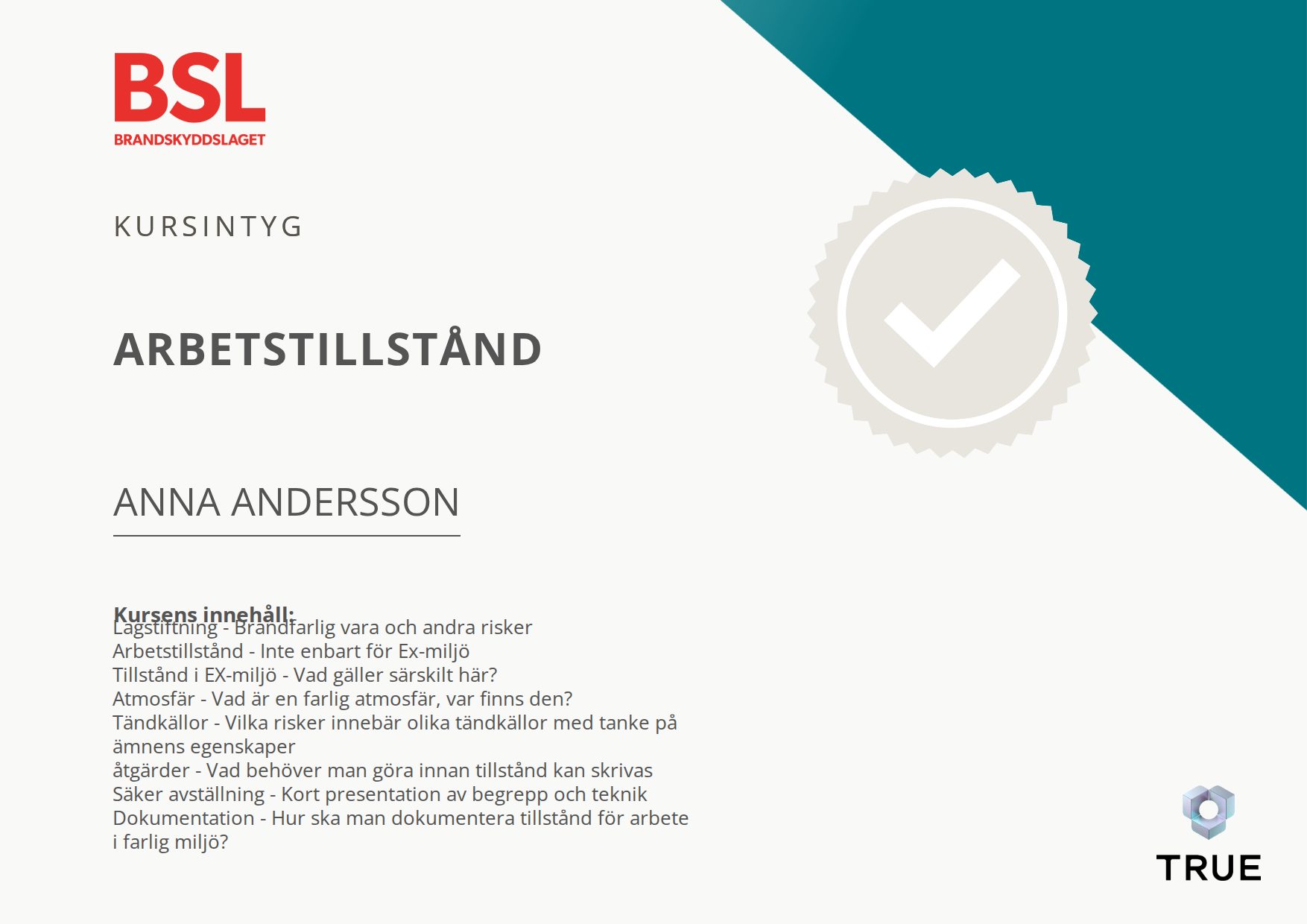 Exempel: diplom för Arbetstillstånd från Brandskyddslaget AB