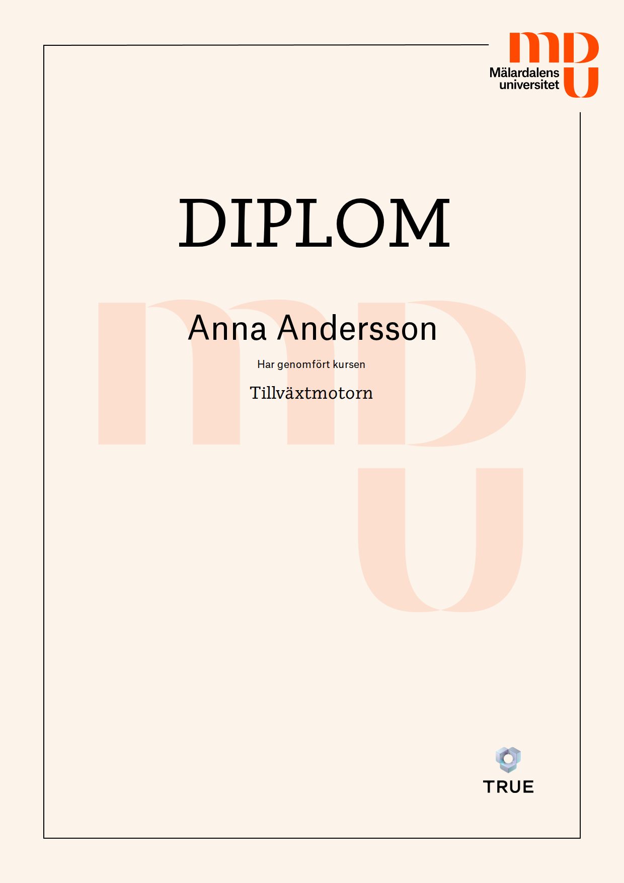 Example certificate for Tillväxtmotorn from Mälardalens universitet - MDU