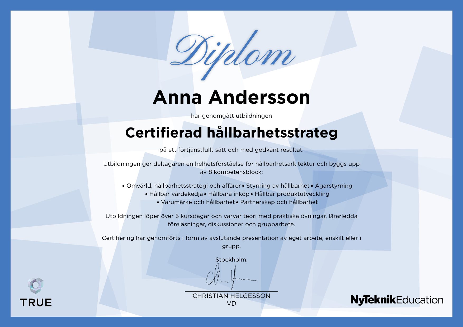 Exempel: diplom för Miljöprövning enligt miljöbalken från Ny Teknik Education