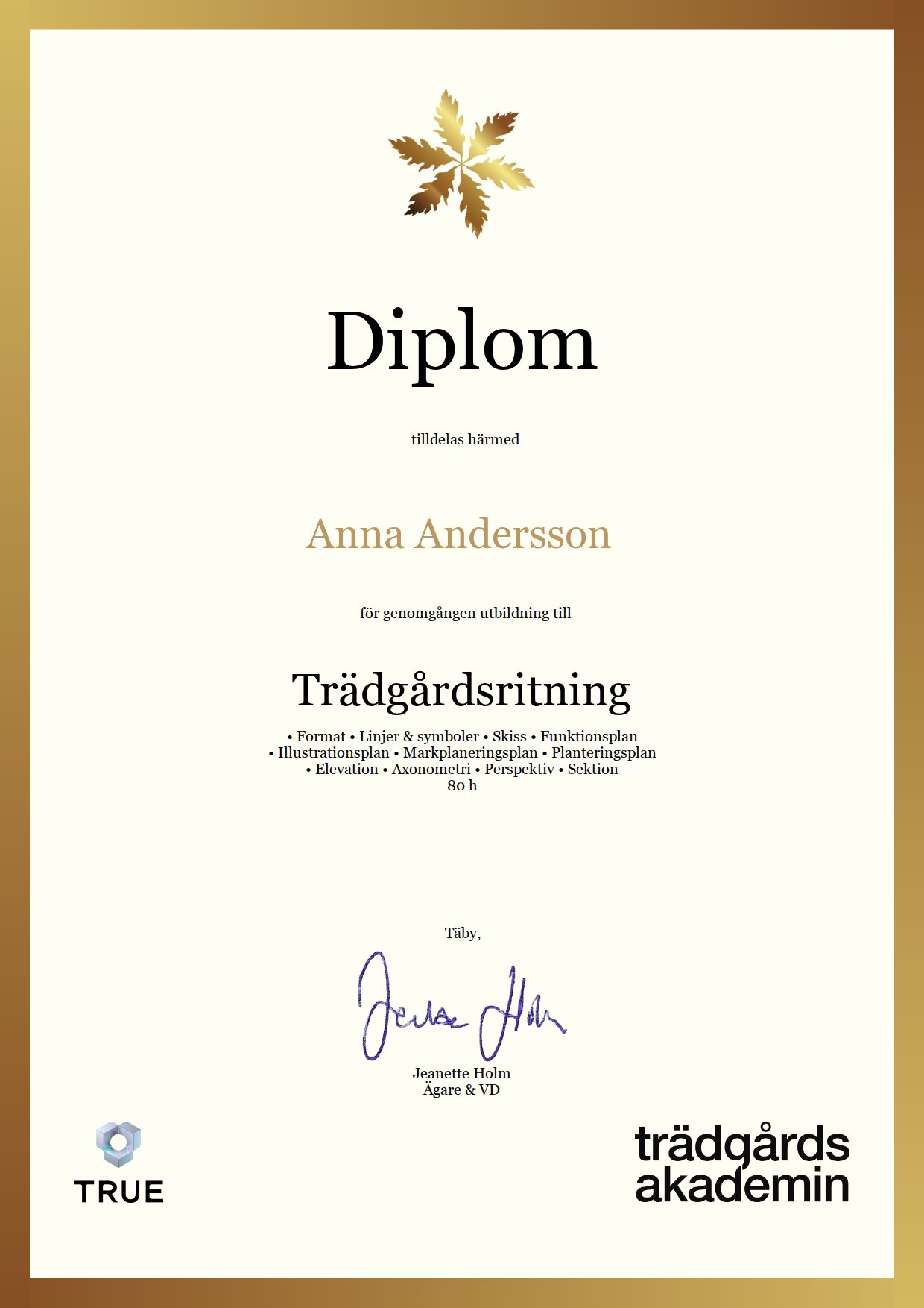 Exempel: diplom för Trädgårdsritning från Trädgårdsakademin