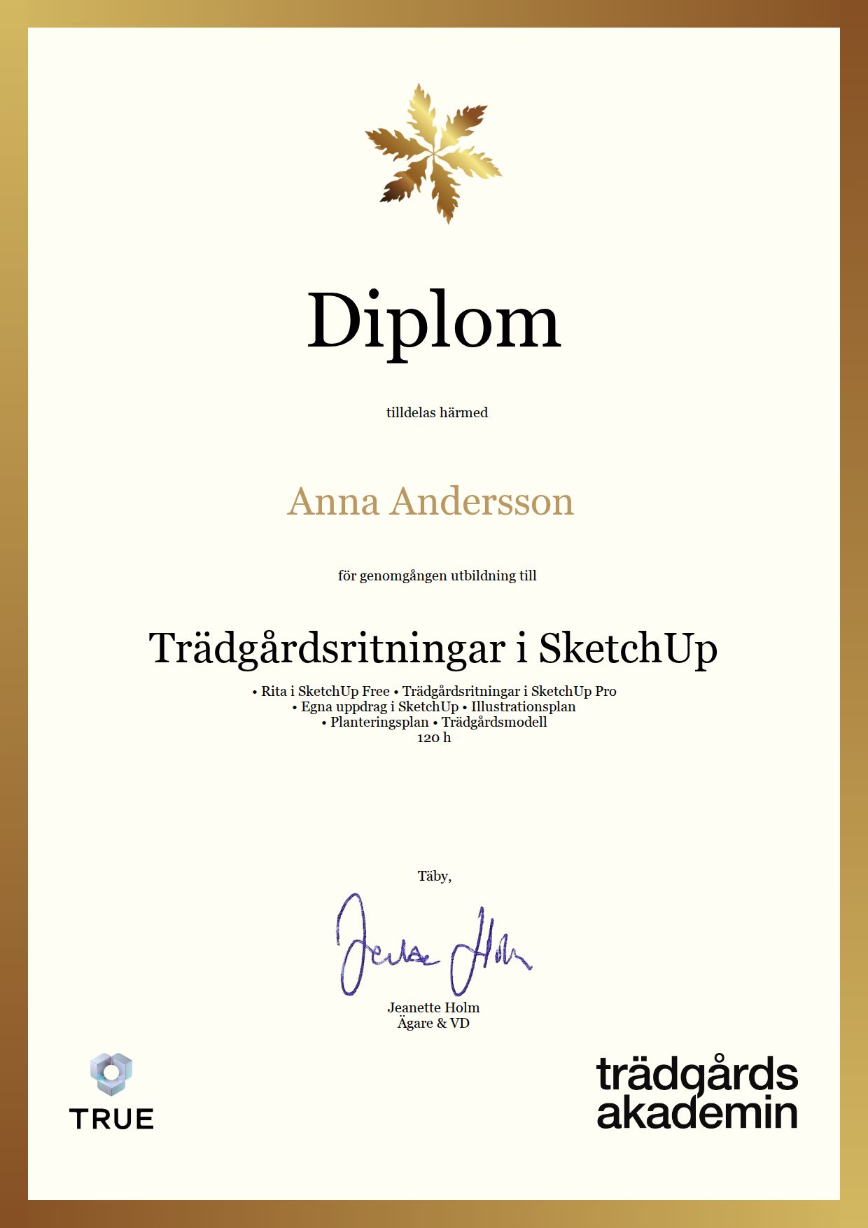 Exempel: diplom för Trädgårdsritningar i SketchUp från Trädgårdsakademin
