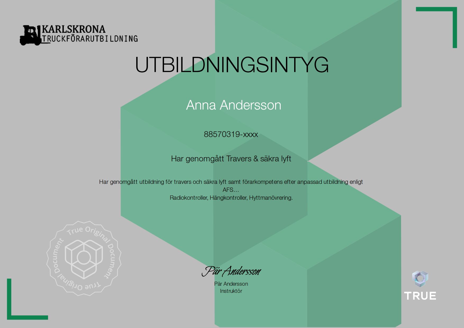 Exempel: diplom för Travers & säkra lyft från Karlskrona Truckförarutbildning