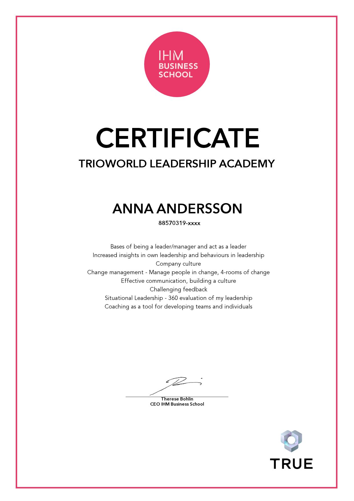 Example certificate for Trioworld Leadership Academy from IHM Business School