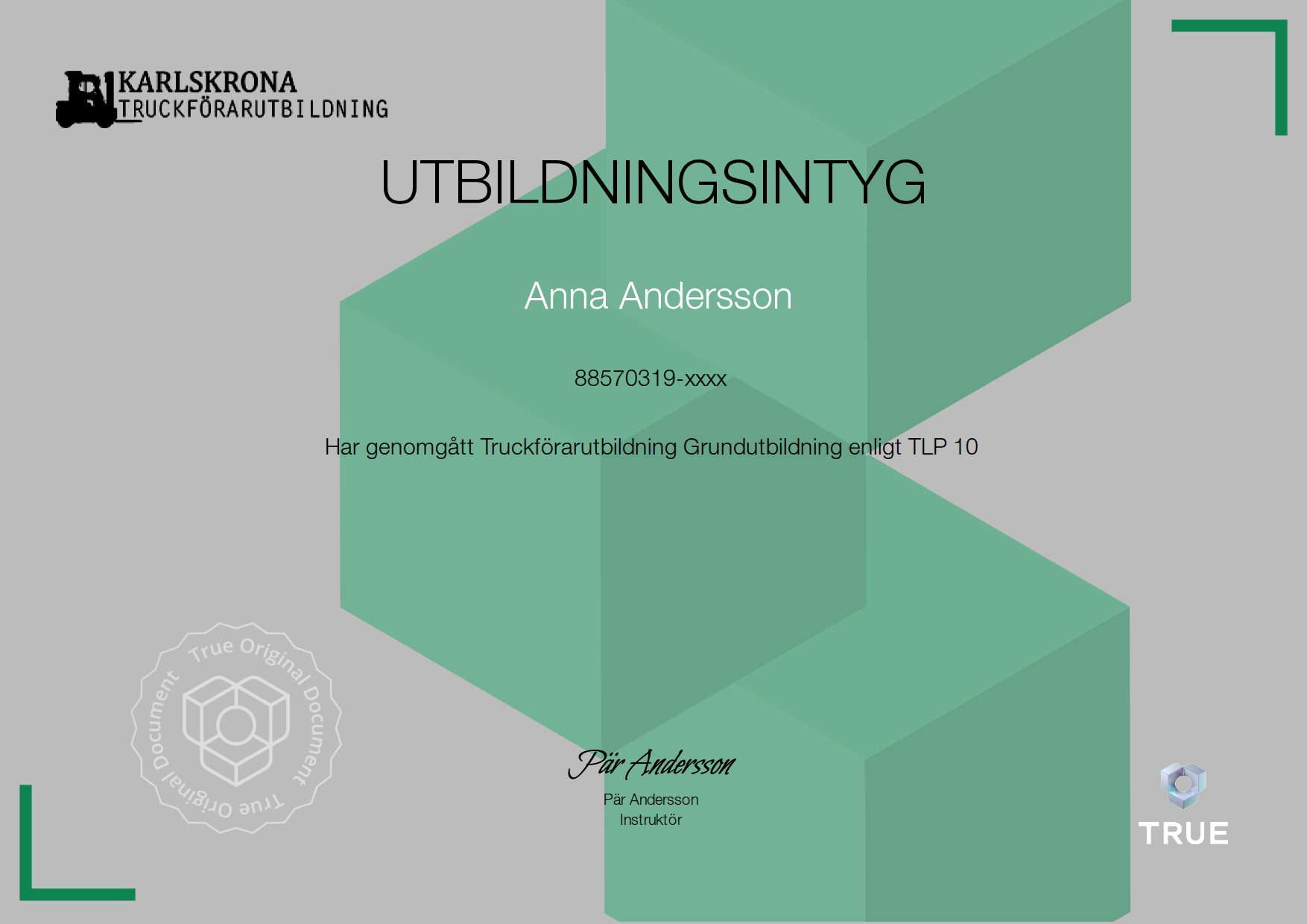 Example certificate for Truckförarutbildning Grundutbildning enligt TLP 10 from Karlskrona Truckförarutbildning