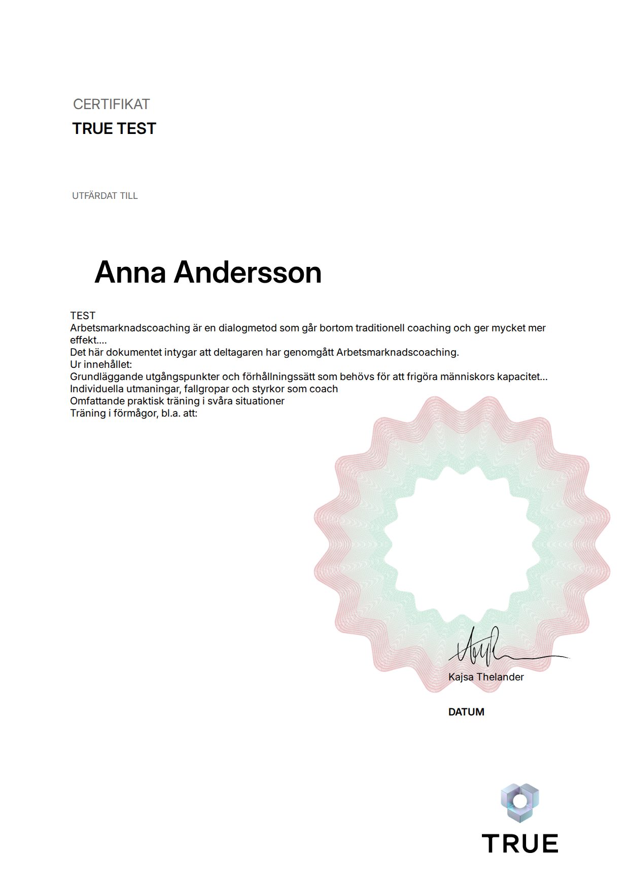 Exempel: diplom för TRUE TEST från Tuff ledarskapsträning