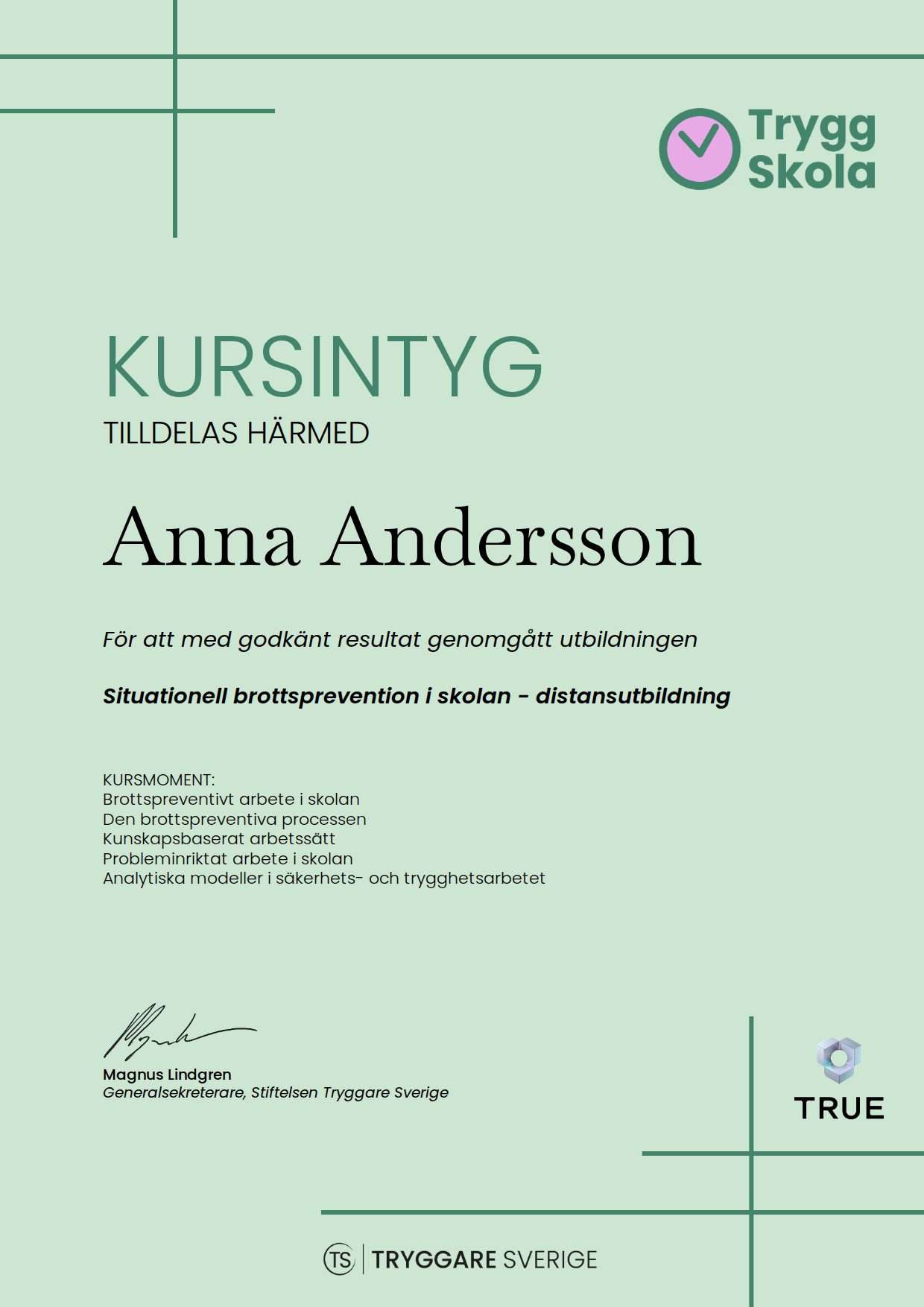 Example certificate for Situationell brottsprevention i skolan - distansutbildning from Stiftelsen Tryggare Sverige