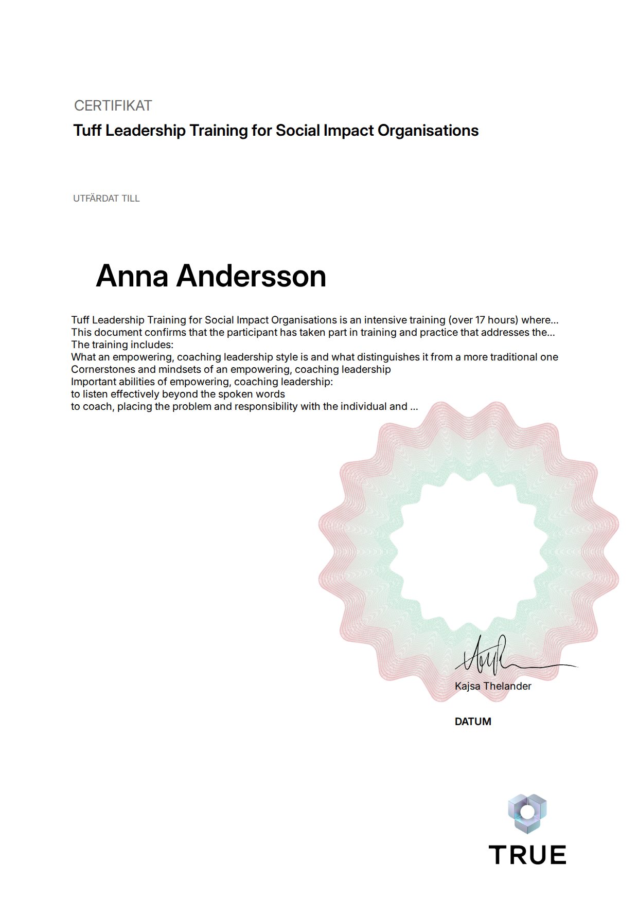 Exempel: diplom för Tuff Leadership Training for Social Impact Organisations från Tuff ledarskapsträning