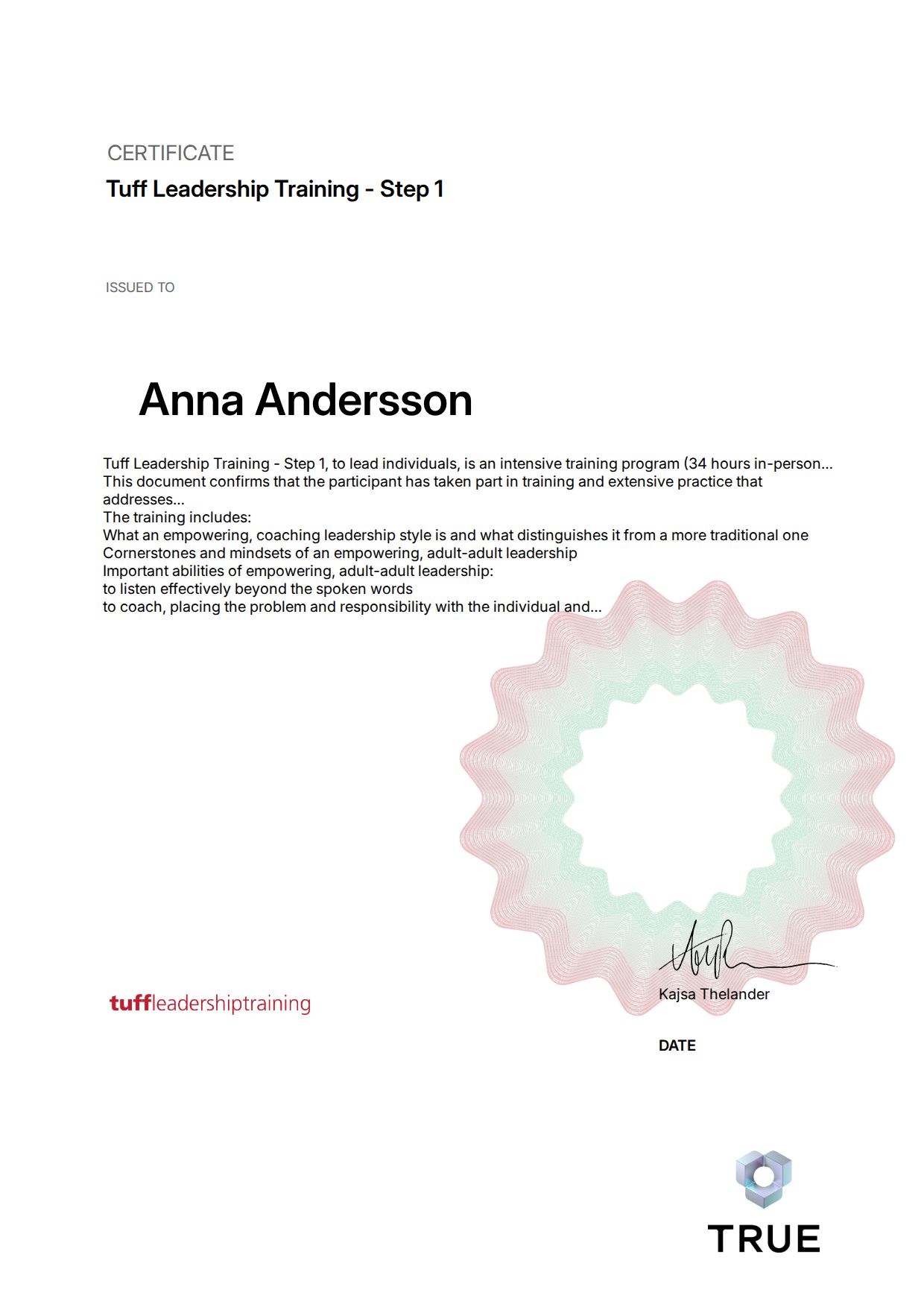 Exempel: diplom för Tuff Leadership Training - Step 1 från Tuff ledarskapsträning