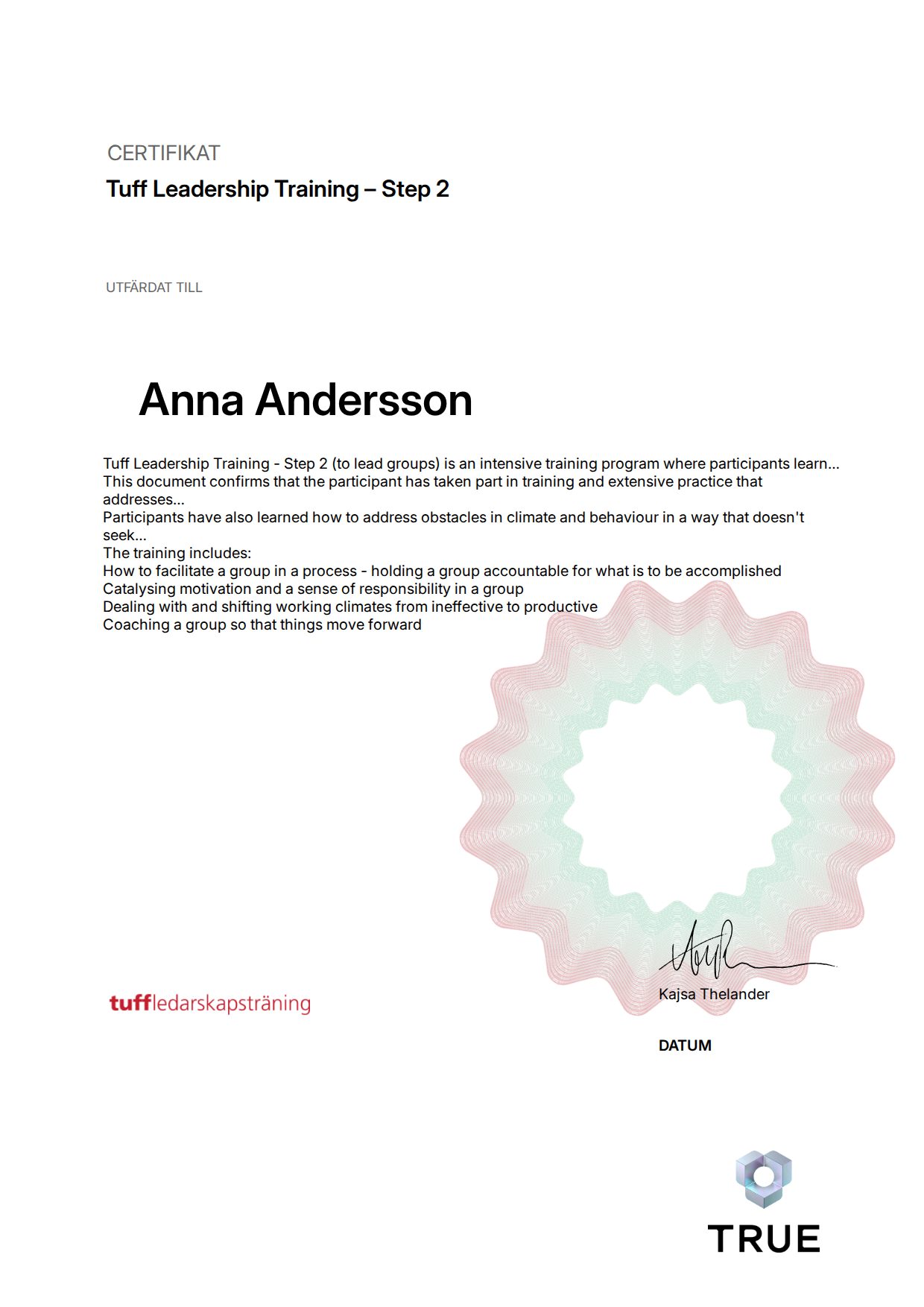 Exempel: diplom för Tuff Leadership Training – Step 2 från Tuff ledarskapsträning