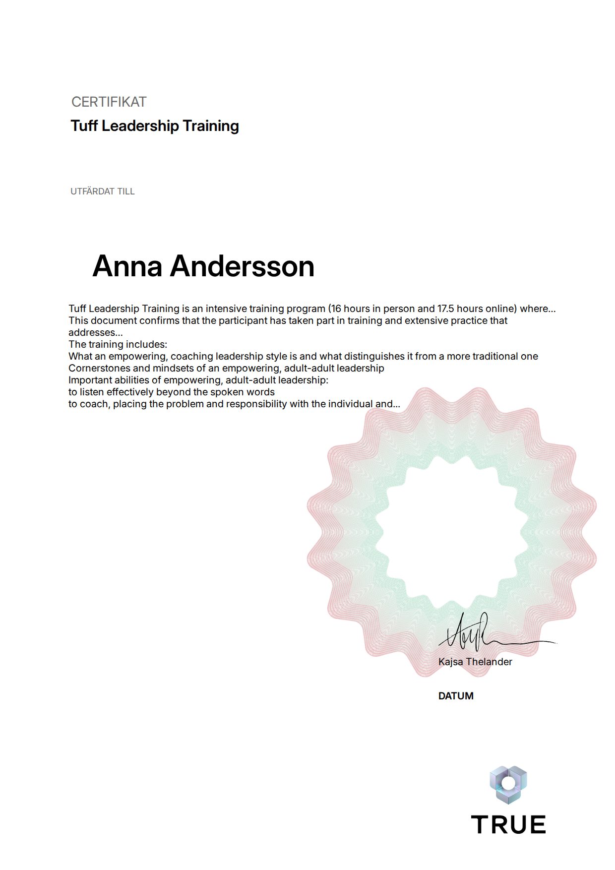 Exempel: diplom för Tuff Leadership Training från Tuff ledarskapsträning