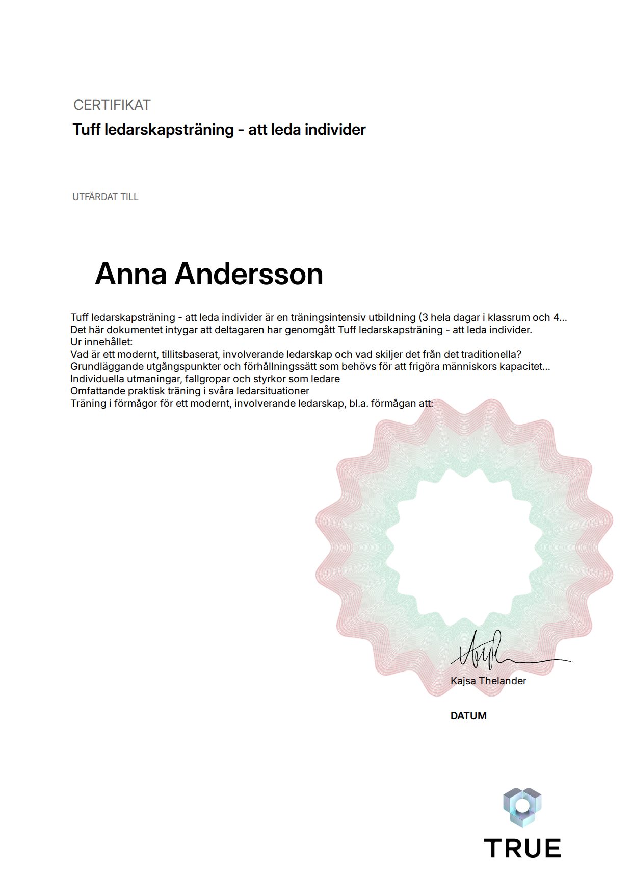 Example certificate for Tuff ledarskapsträning - att leda individer from Tuff ledarskapsträning