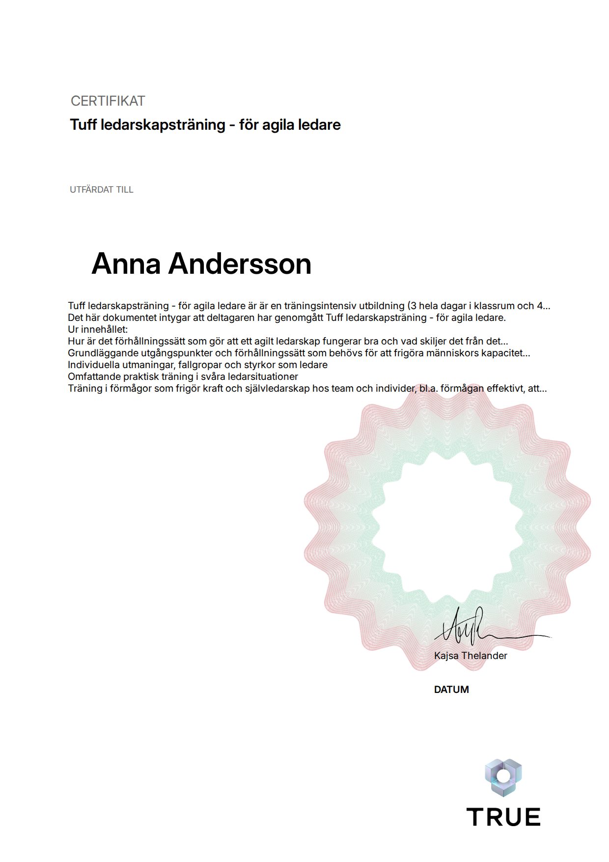 Example certificate for Tuff ledarskapsträning - för agila ledare from Tuff ledarskapsträning