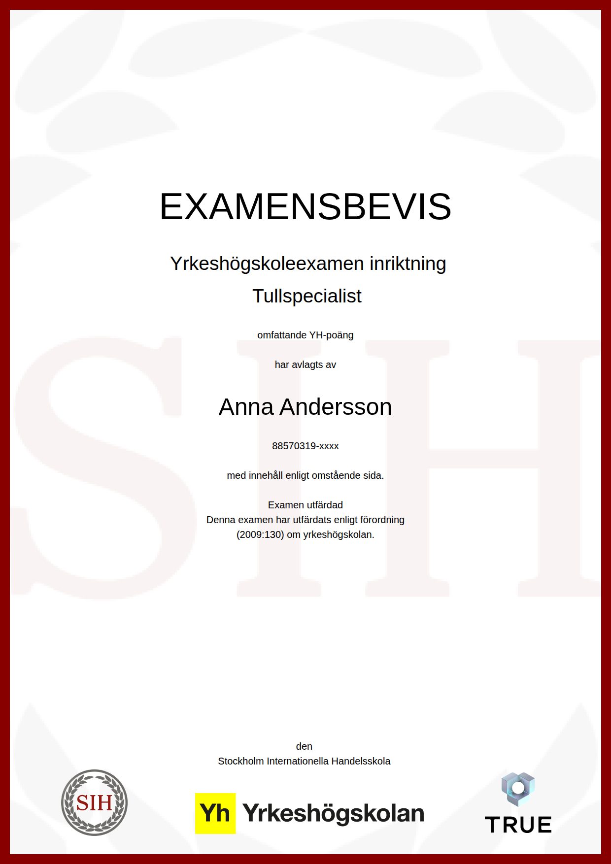 Exempel: diplom för Tullspecialist från SIH - Stockholms Internationella Handelsskola