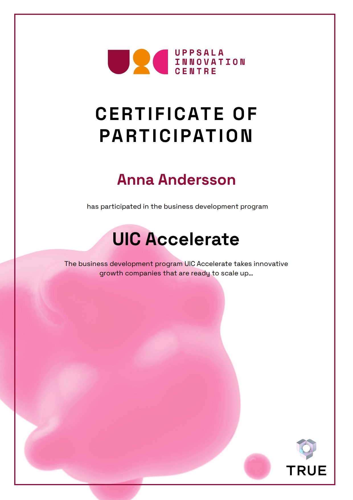 Example certificate for UIC Accelerate from Uppsala Innovation Centre - UIC