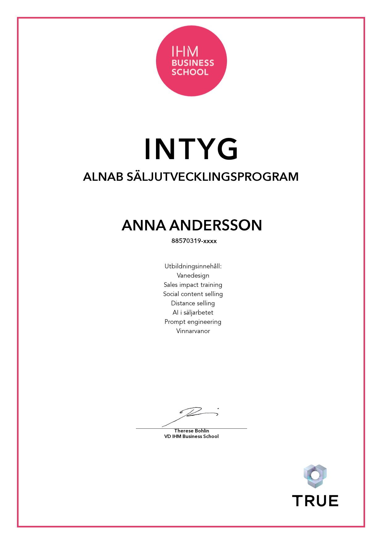 Exempel: diplom för Alnab Säljutvecklingsprogram från IHM Business School