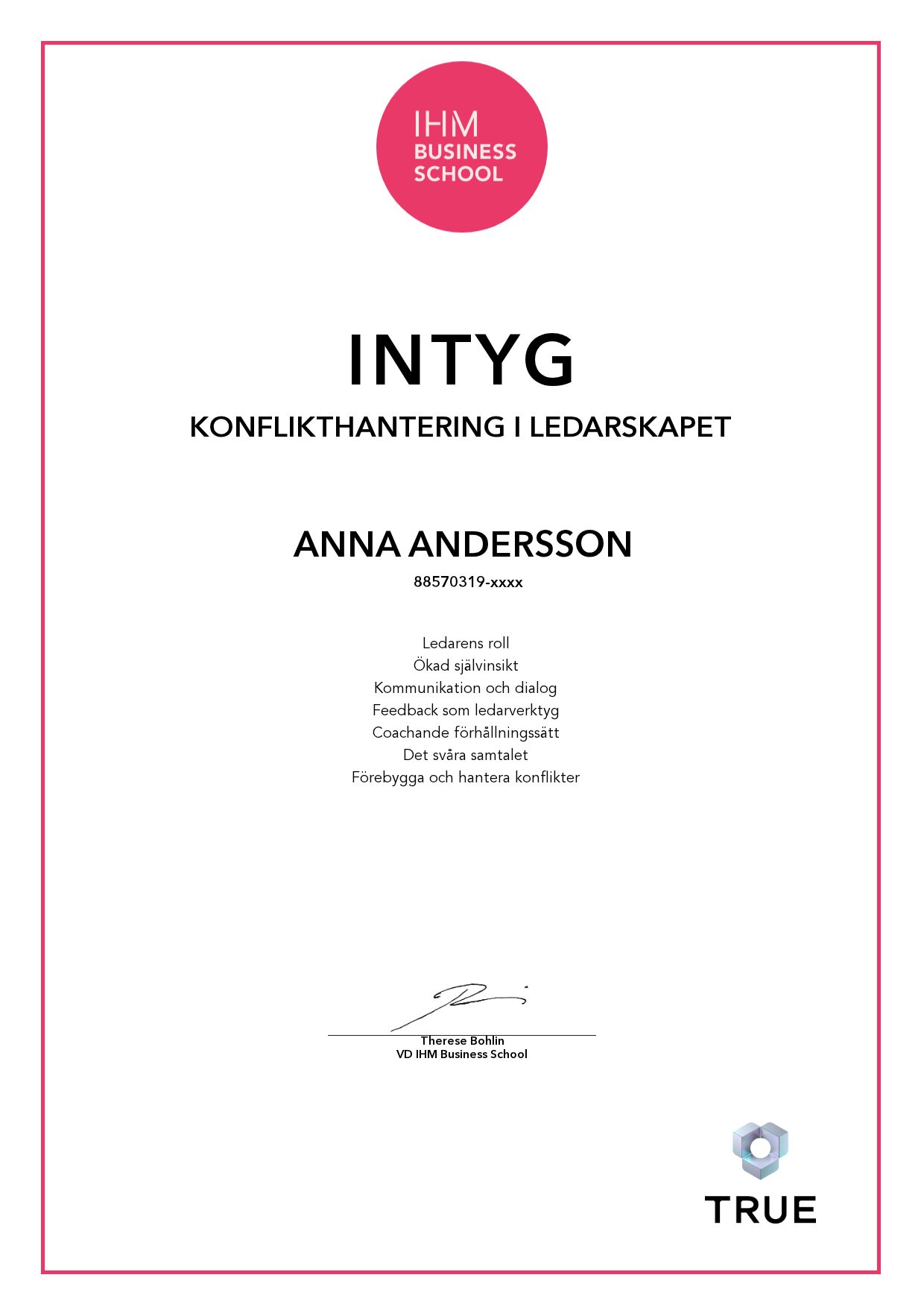Exempel: diplom för Konflikthantering i ledarskapet från IHM Business School