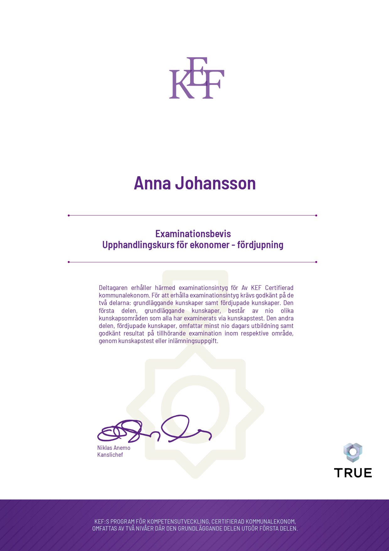 Example certificate for Upphandlingskurs för ekonomer - fördjupning from KEF - Kommualekonomernas förening