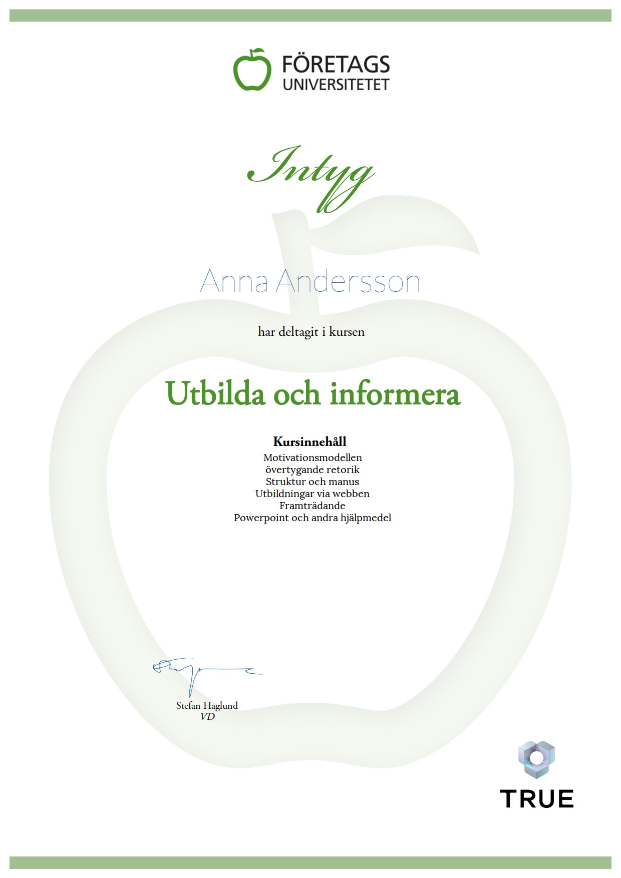 Exempel: diplom för Utbilda och informera från Företagsuniversitetet