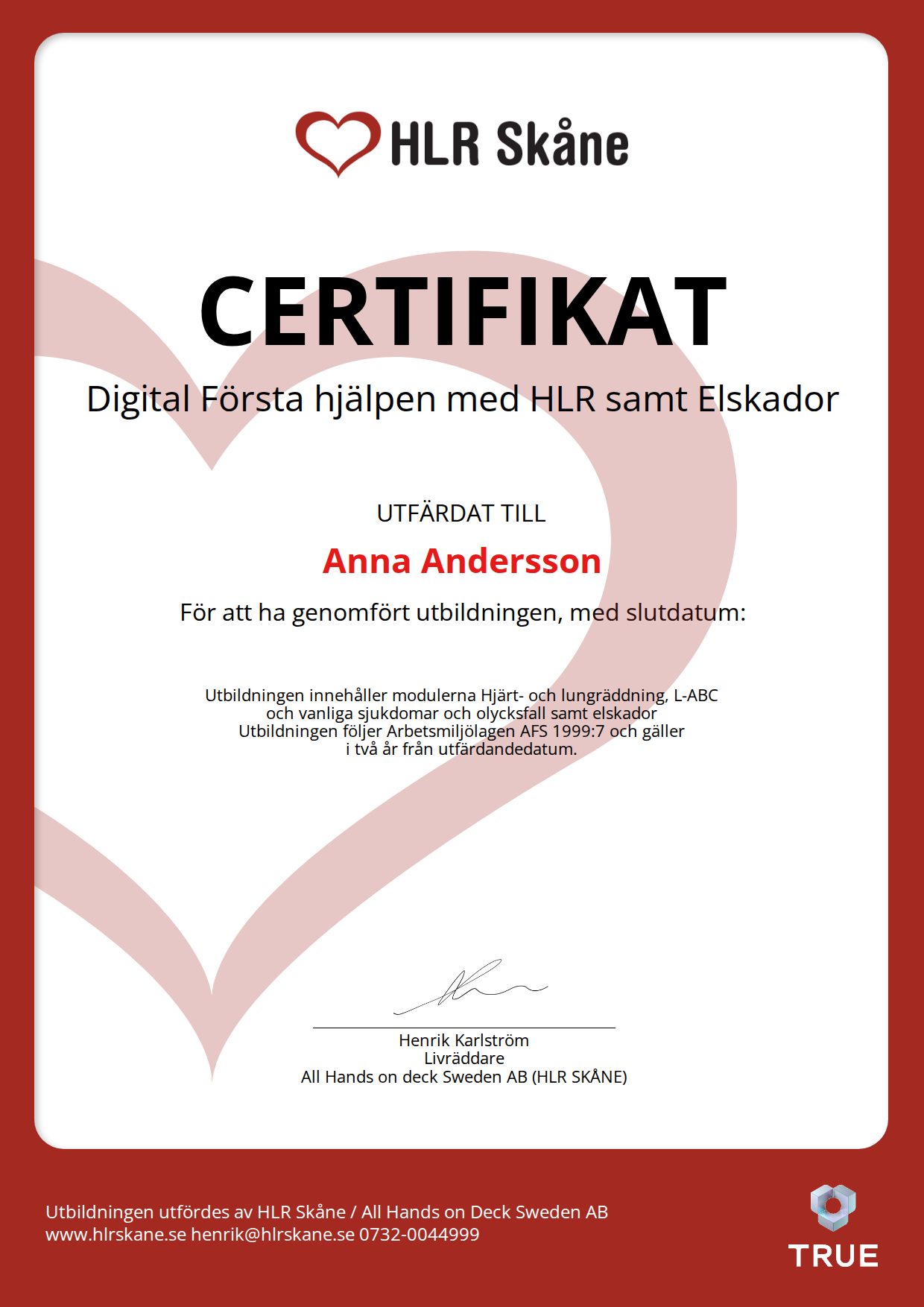 Example certificate for Digital Första hjälpen med HLR samt Elskador from HLR Skåne - All Hands On Deck