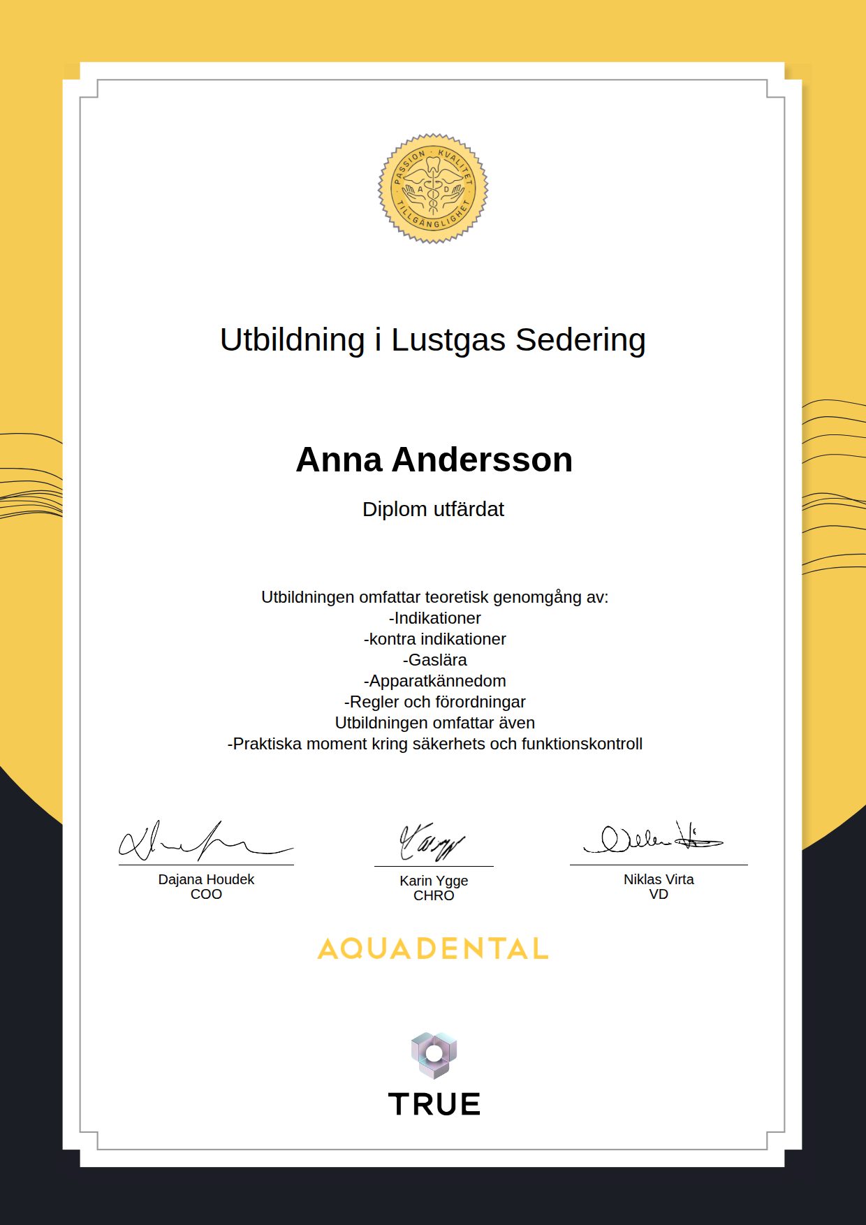 Exempel: diplom för Utbildning i Lustgas Sedering från Aqua Dental