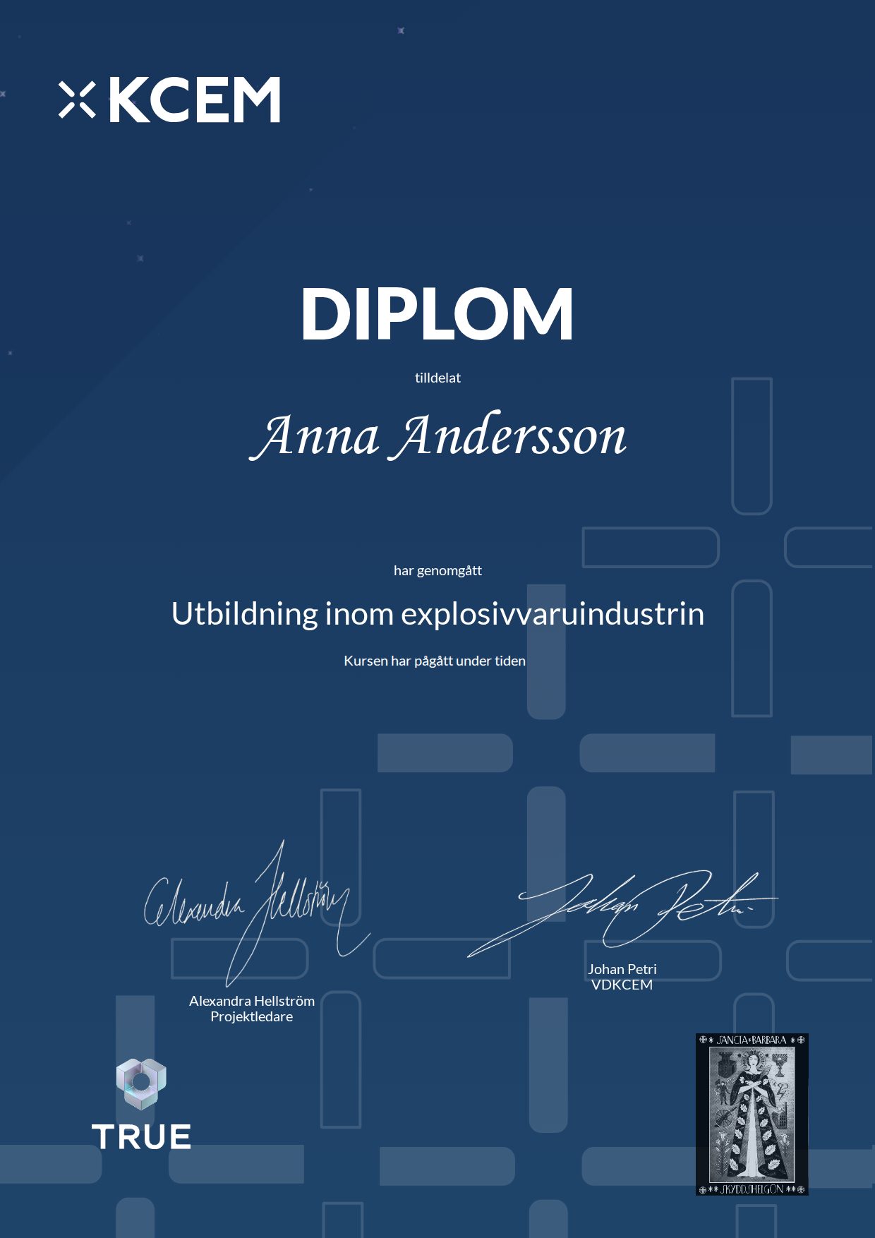 Exempel: diplom för Utbildning inom explosivvaruindustrin från KCEM – explosiva ämnen