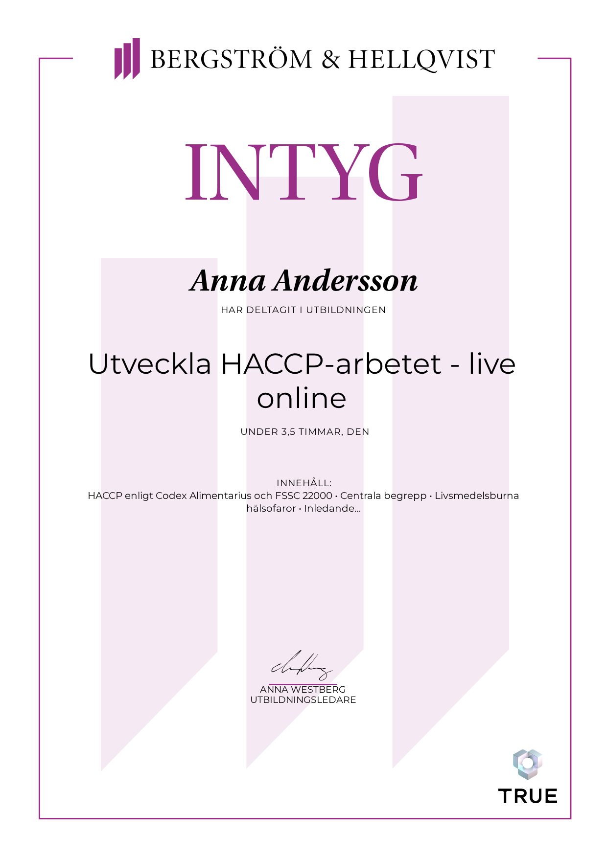 Example certificate for Utveckla HACCP-arbetet - live online from Bergström & Hellqvist