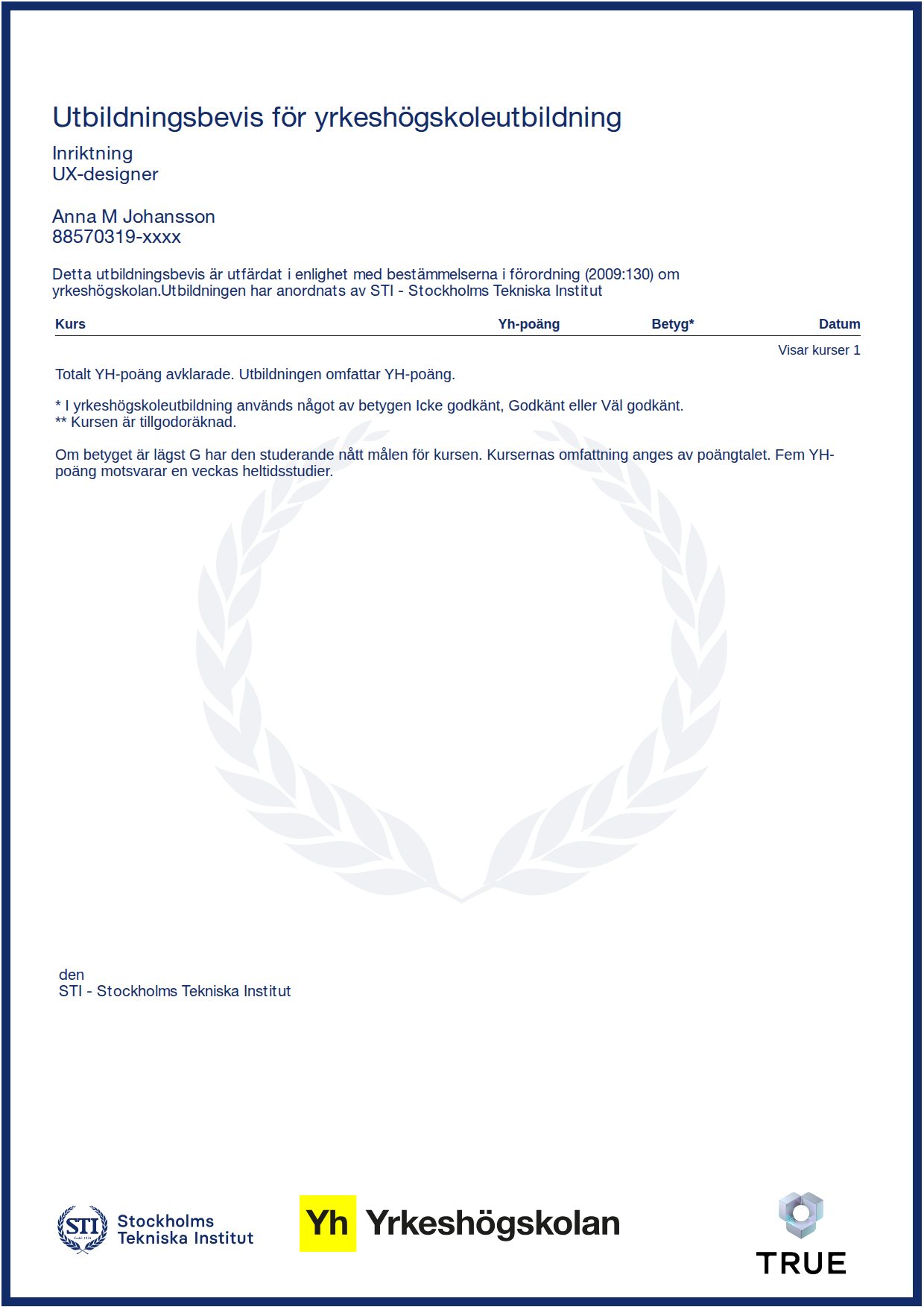 Example certificate for UX-designer from STI - Stockholms Tekniska Institut