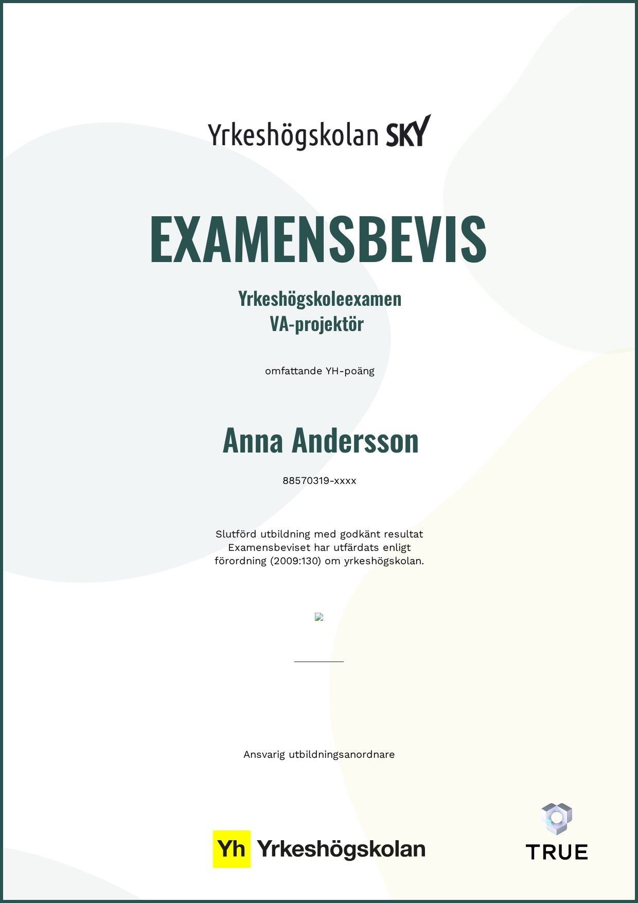 Exempel: diplom för VA-projektör från Yrkeshögskolan SKY