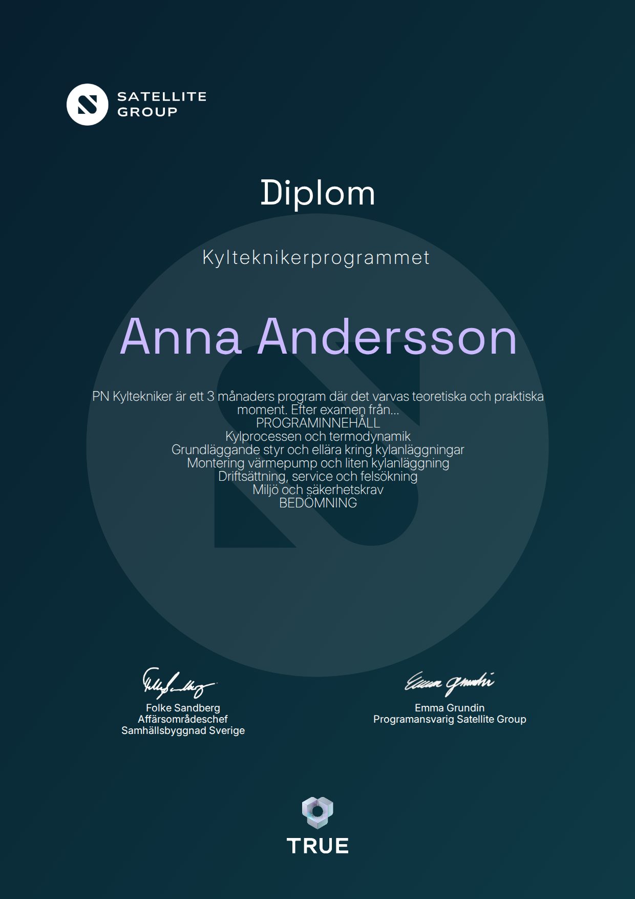 Example certificate for Kylteknikerprogrammet from Satellite Group / Professionals Nord