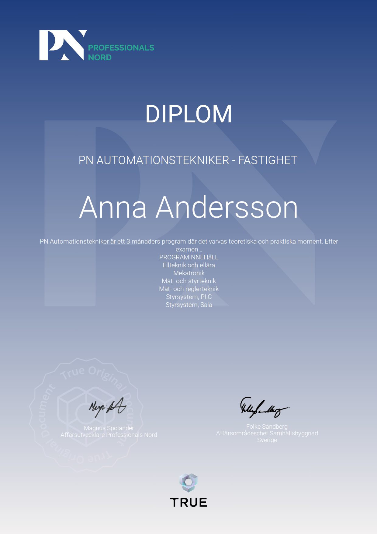 Exempel: diplom för PN Automationstekniker - Fastighet från Satellite Group / Professionals Nord