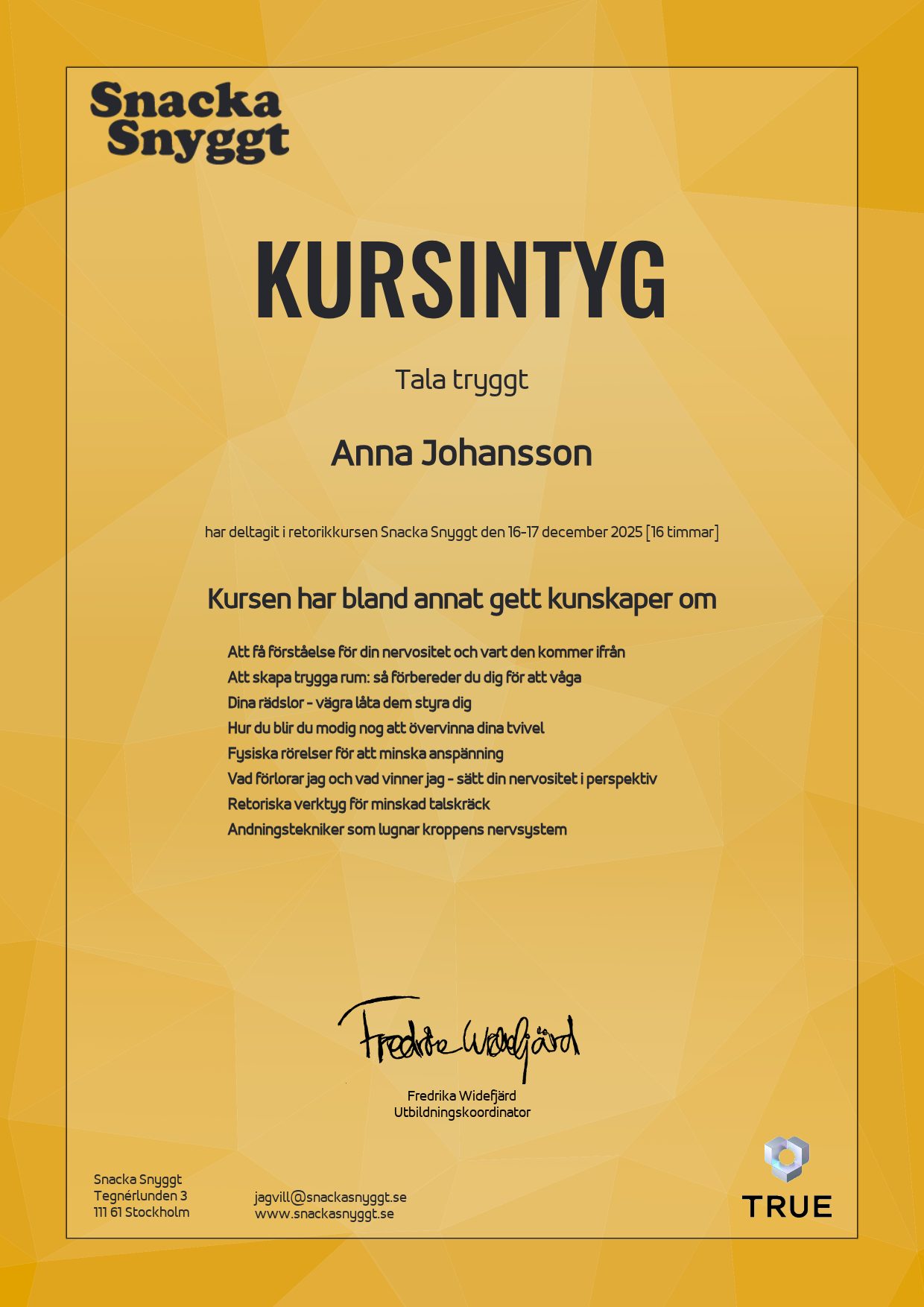 Example certificate for Tala tryggt from Snacka Snyggt