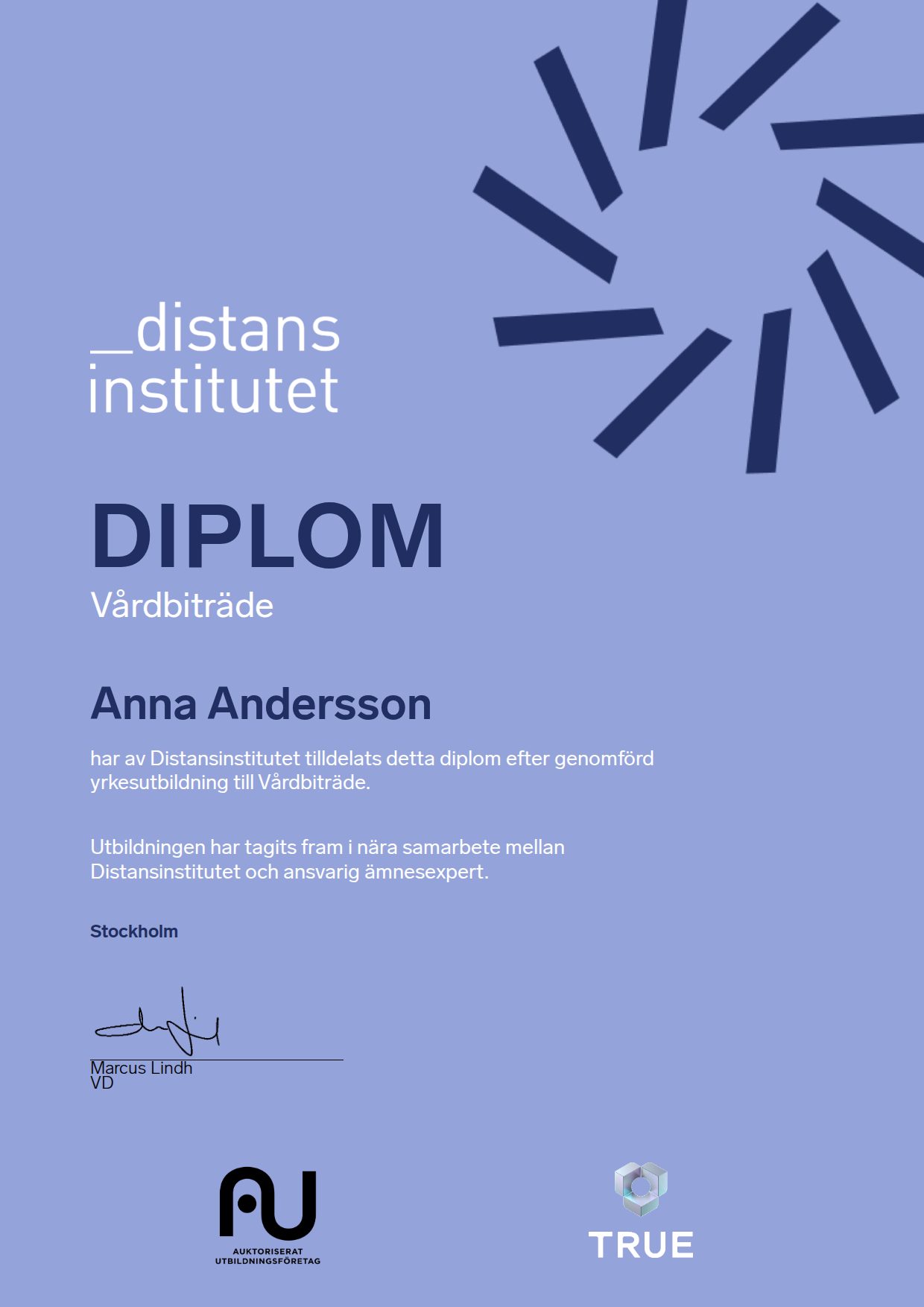 Example certificate for Vårdbiträde from Distansinstitutet Sverige AB