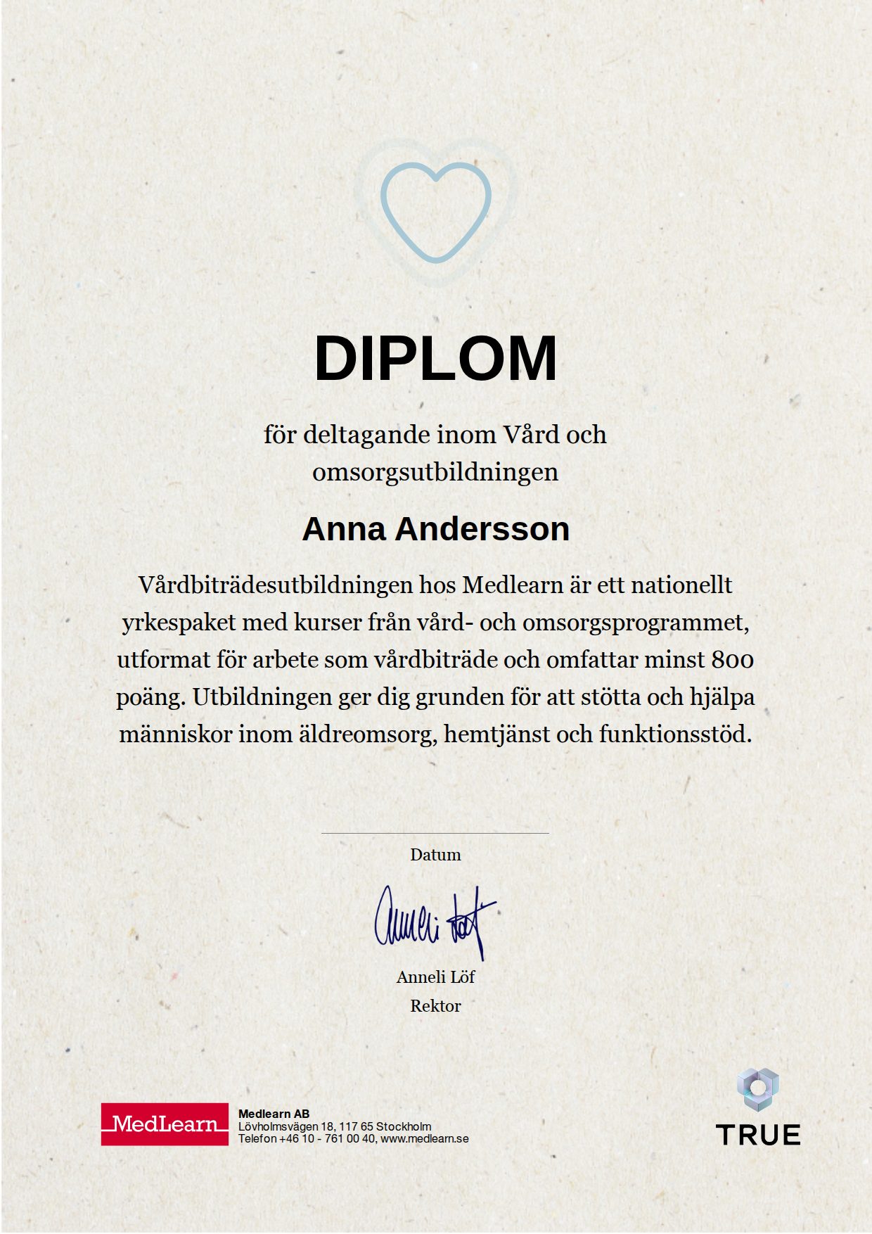 Example certificate for Vårdbiträde from IRIS - MedLearn