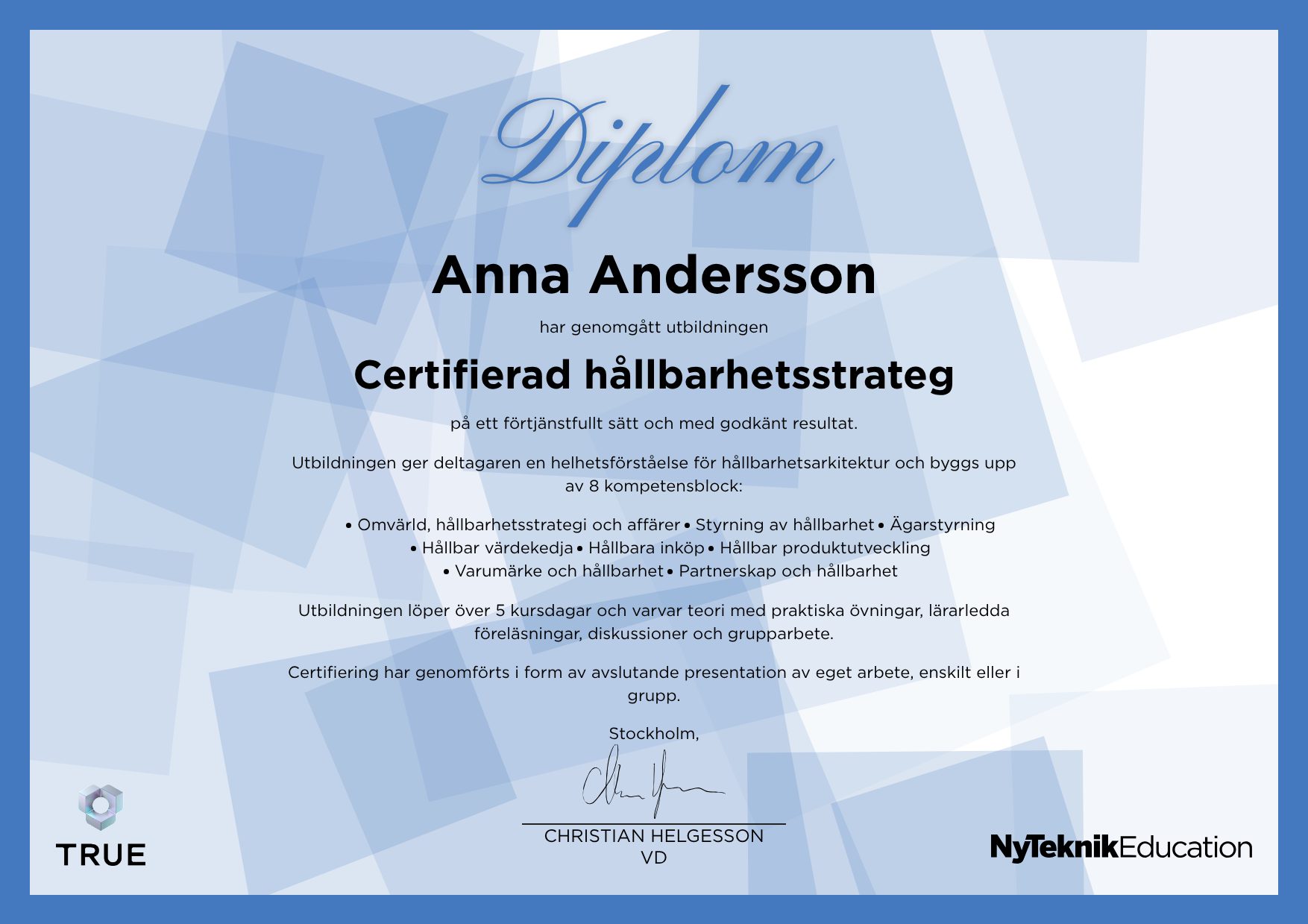 Example certificate for Vätgas i det svenska energisystemet from Ny Teknik Education
