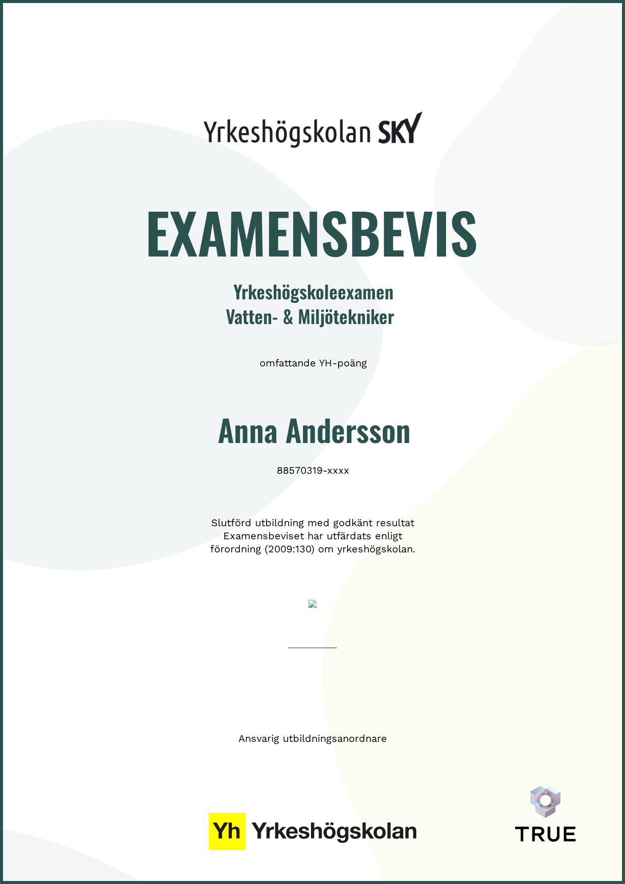 Example certificate for Vatten- & Miljötekniker from Yrkeshögskolan SKY